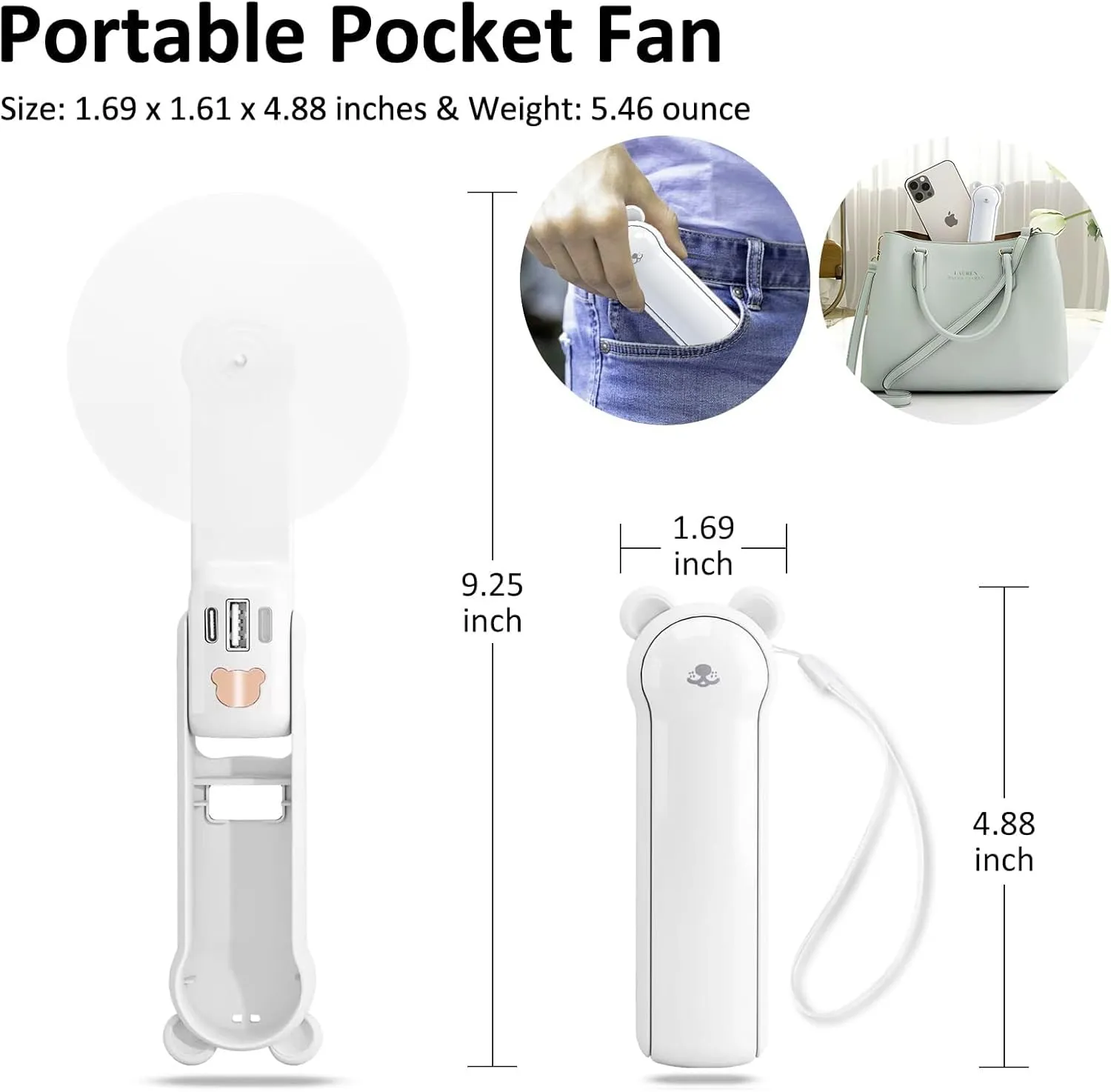 Portable Handheld Fan, USB Rechargeable Mini Hand Held Travel Fans, Folding Pocket with 3 Speeds, 17 Working Hours, Small Personal Fan With Flashlight for Home Travel Outdoor Use(white)
