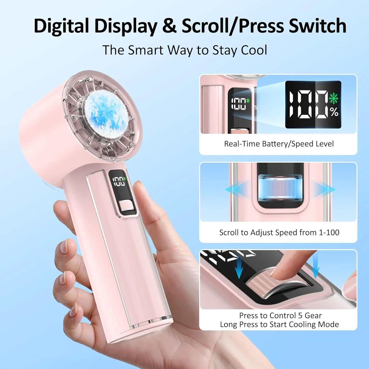 Portable Handheld Fan with Ice Cooler, 21H Max Cooling,9500RPM High Speed,100 Speeds, Small Pocket Turbo Design,Digital Display, Rechargeable Personal Handheld AC Fan for Travel Outdoor Office Commute