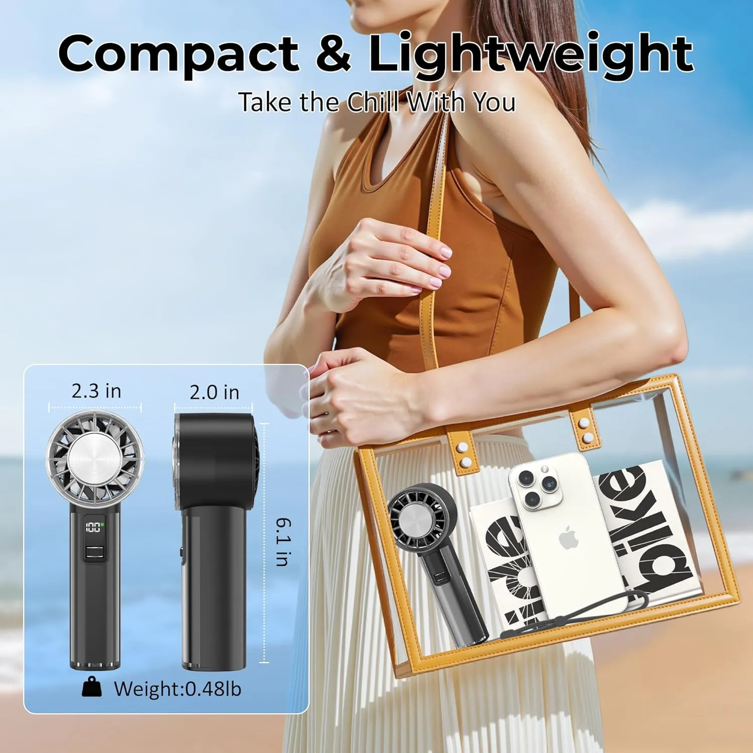 Portable Handheld Fan with Ice Cooler,21H Max Cooling,9500RPM High Speed,100 Speeds, Small Pocket Turbo Design,Digital Display, Rechargeable Personal Handheld AC Fan for Travel Outdoor Office Commute