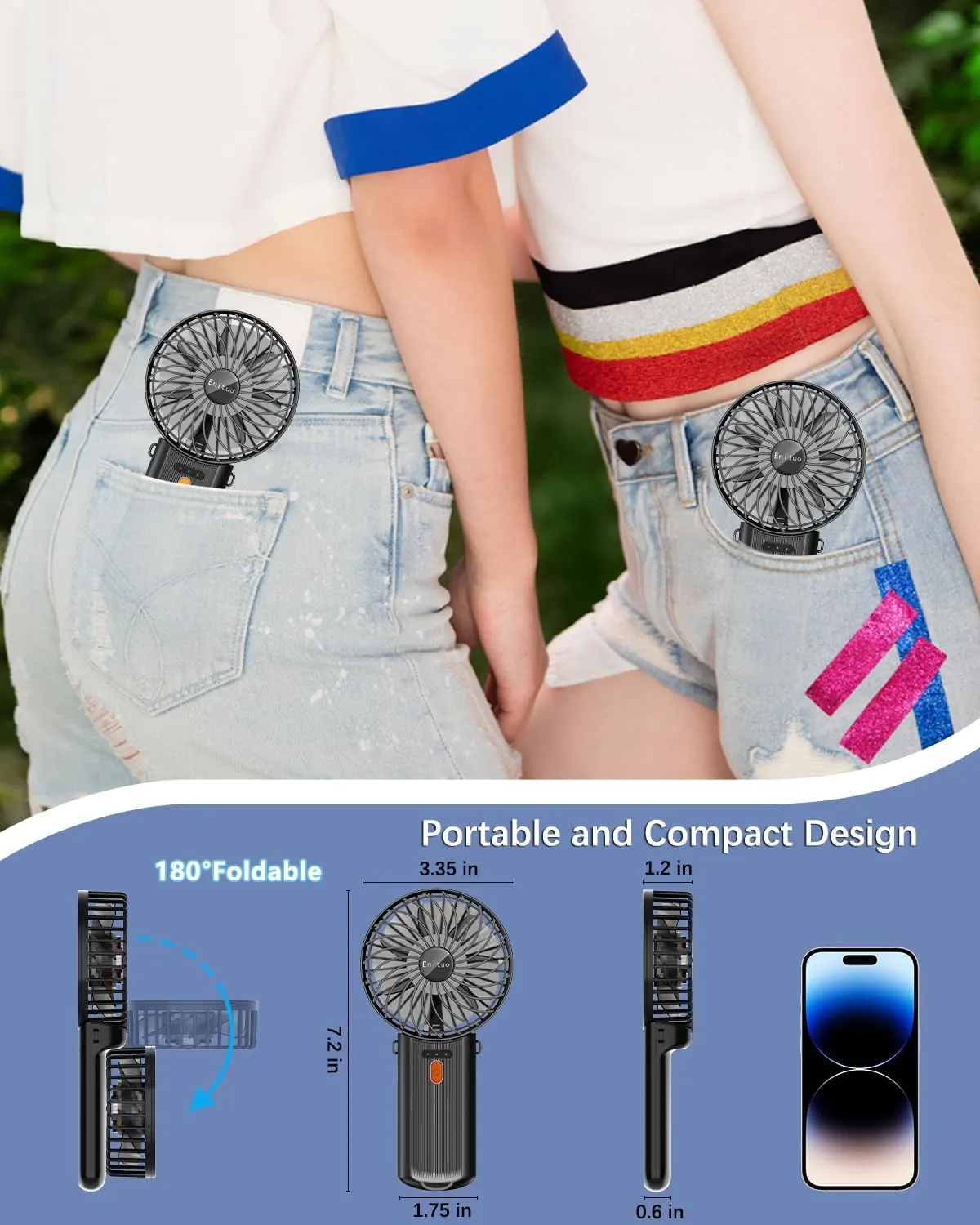 Portable Handheld Mini Fan, 6-15H Cooling Small Personal Device, 180 Foldable Desk Fan With 4 Quiet Speed, Neck Fan W/Lanyard for Kids Women Men Travel Outdoor Office, Black