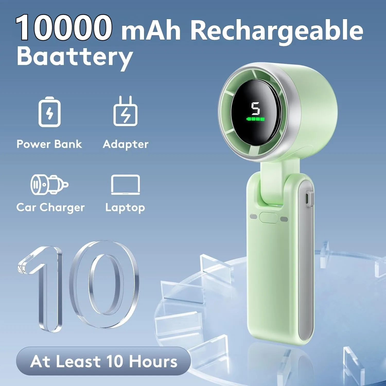 Portable Handheld Mini Fan, Foldable Powerful Winds Turbo Fan, 10000mAh Battery & 50000RPM Speed, USB Rechargeable Personal Fans with 5 Speed, Digital Display For Women Men Travel Camping Outdoor