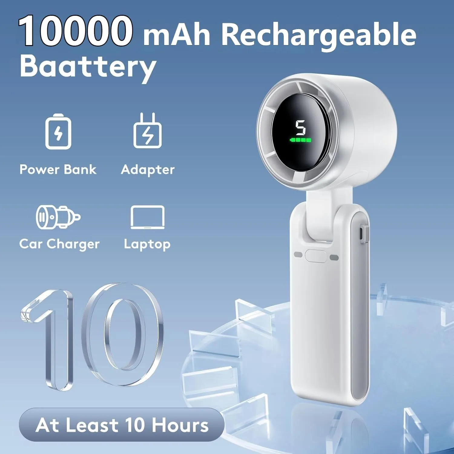 Portable Handheld Mini Fan, Foldable Powerful Winds Turbo Fan, 10000mAh Battery & 50000RPM Speed, USB Rechargeable Personal Fans with 5 Speed, Digital Display For Women Men Travel Camping Outdoor