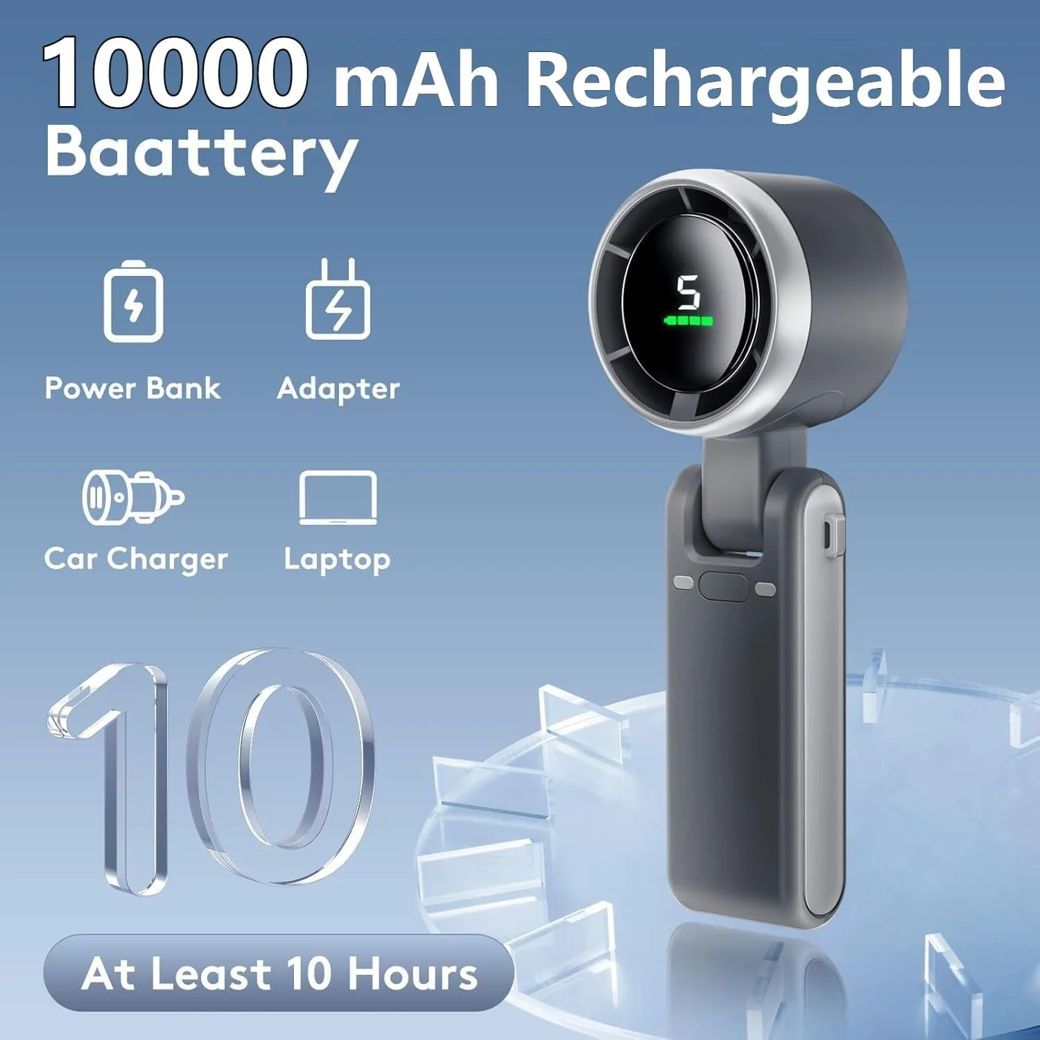 Portable Handheld Mini Fan, Foldable Powerful Winds Turbo Fans, 10000mAh Battery & 50000RPM Speed, USB Rechargeable Personal Fan with 5 Speed, Digital Display For Women Men Travel Camping Outdoor