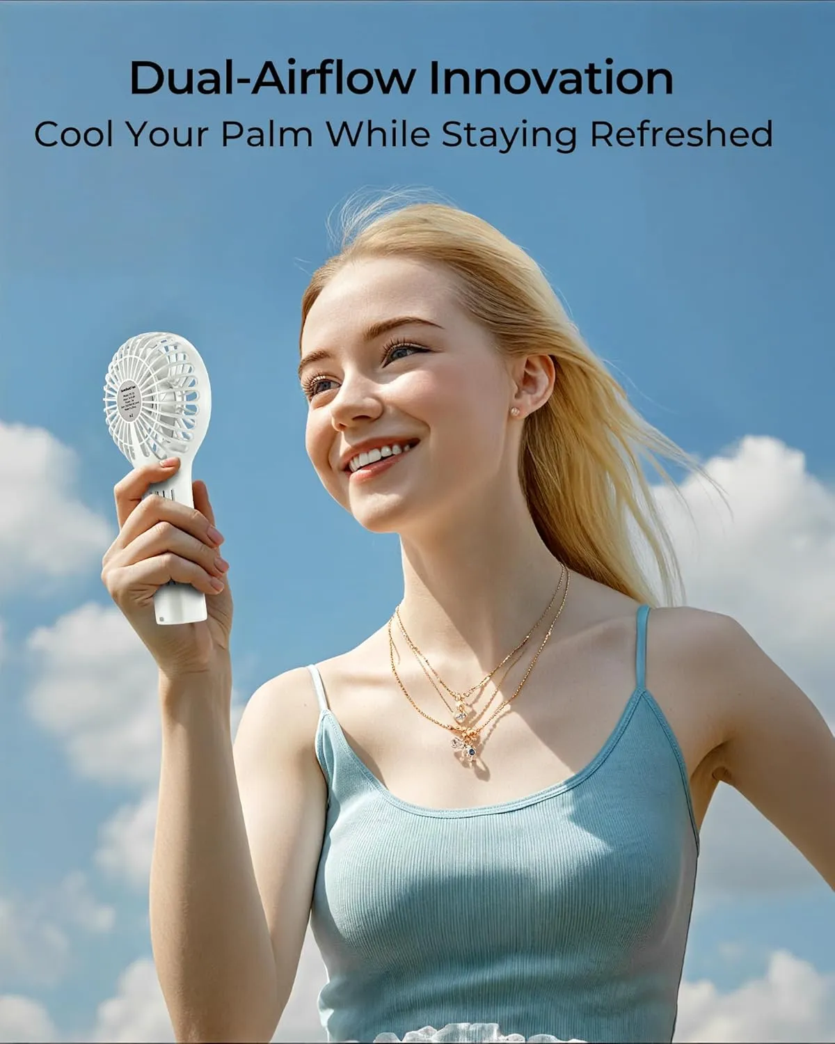 Portable Handheld Mini Fan, Personal Travel Fan, Small and Powerful, 2000mah Rechargeable Battery, 5 Speed Wind, Led Display, Back Air Outlet, for Stylish Kids Girls Women Summer Gift-White