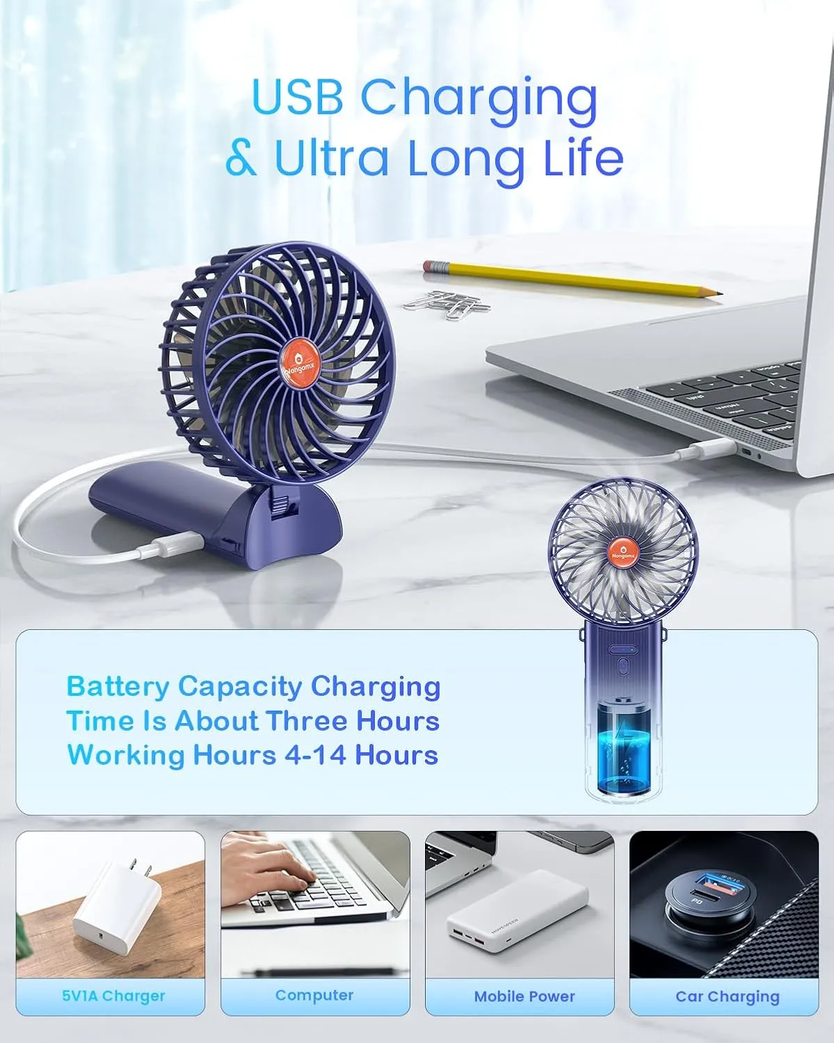 Portable Handheld Mini Fan Rechargeable: Small Hand Personal Foldable Fans 180 Adjustable 4 Speed Wind Cooling Air Blow for Travel Face lash Indoor Outdoor Office Camping Household Women Men Kid Blue