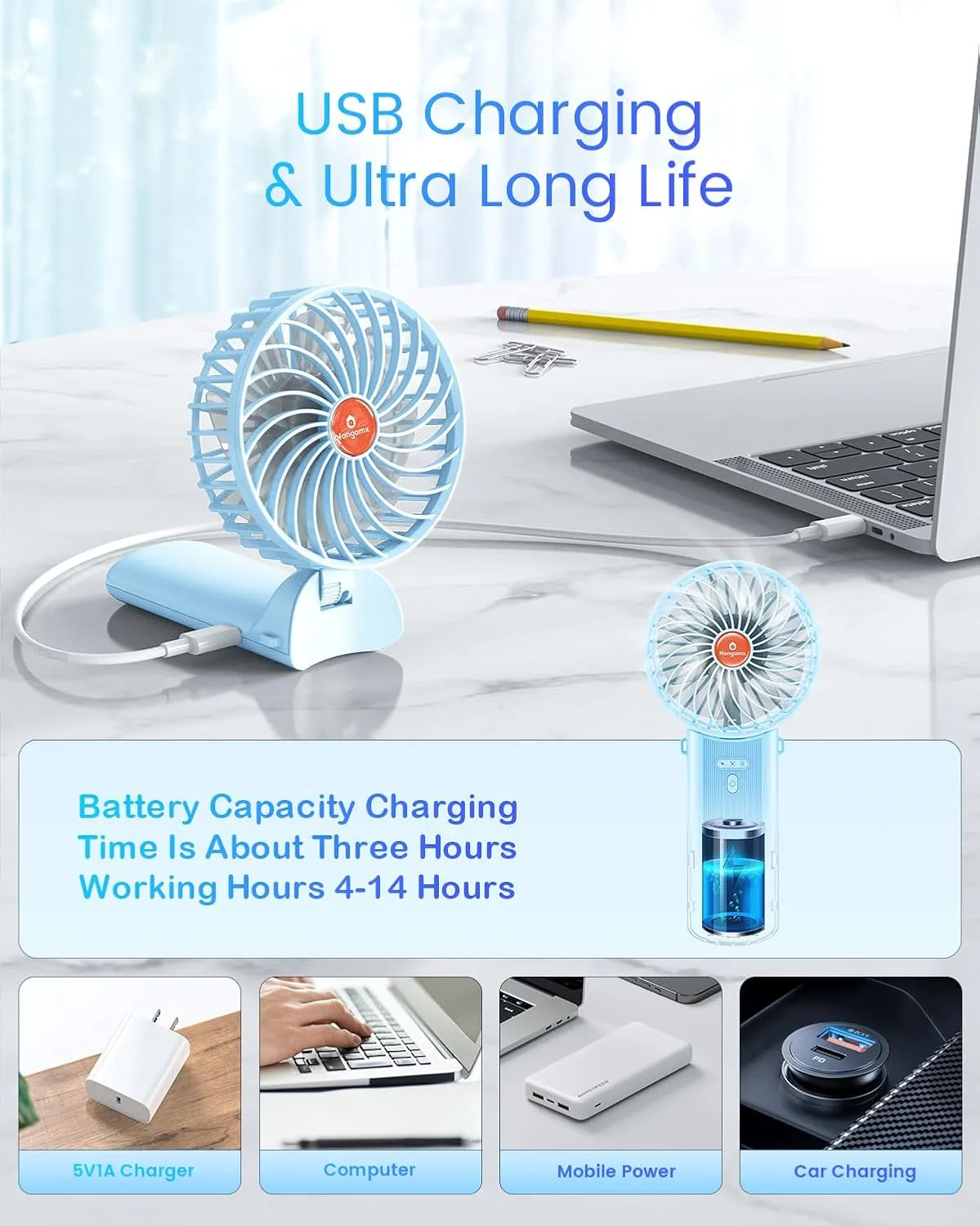 Portable Handheld Mini Fan Rechargeable: Small Hand Personal Foldable Fans 180 Adjustable 4 Speed Wind Cooling Air for Travel Face lash Indoor Outdoor Office Camping Household Women Men Kid Sky Blue