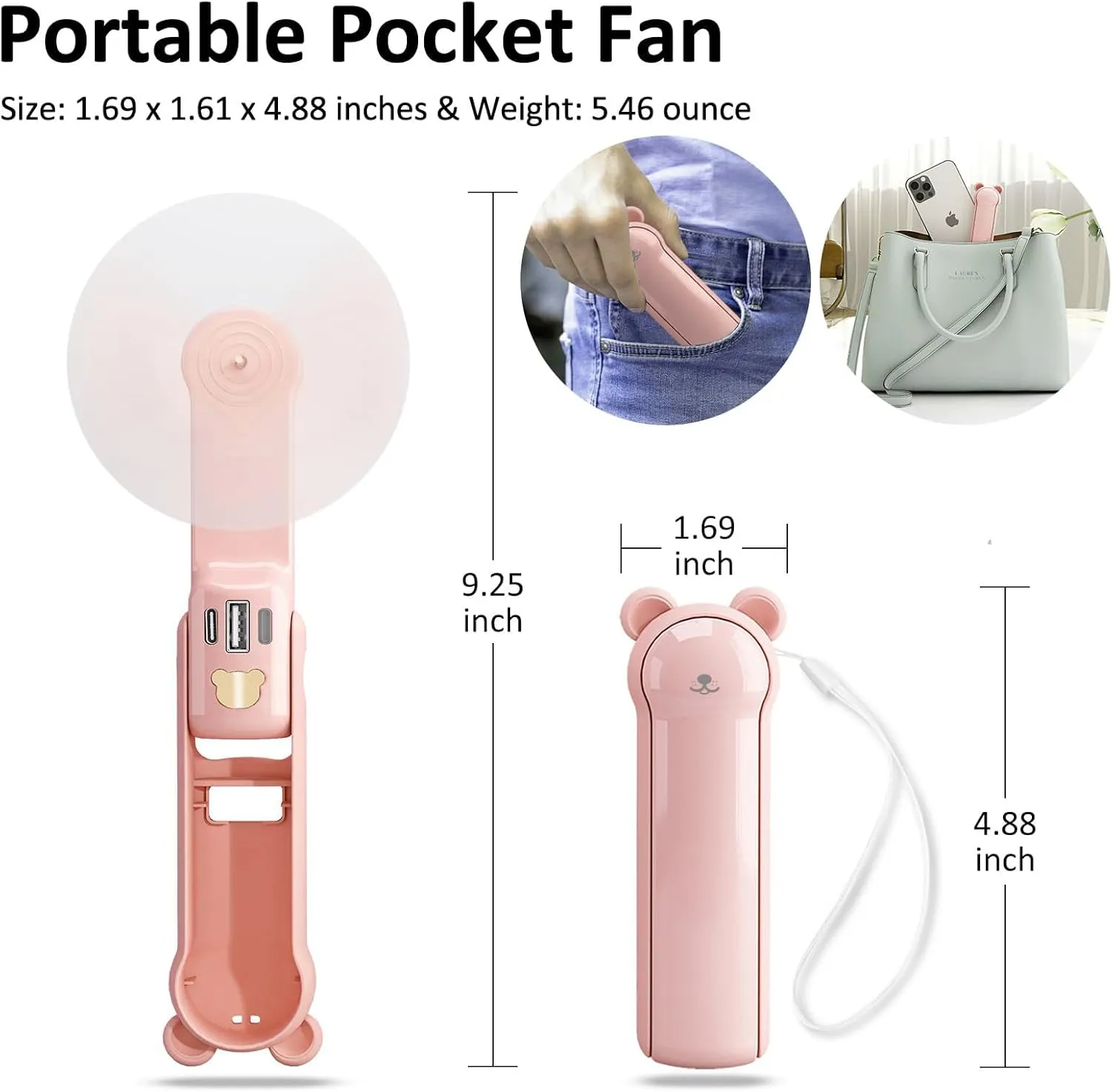 Portable Handheld Mini Fan, USB Rechargeable with 3 Speeds, 17 Hrs, Folding Pocket Fan with Flashlight for Home, Travel, Outdoor (Pink)
