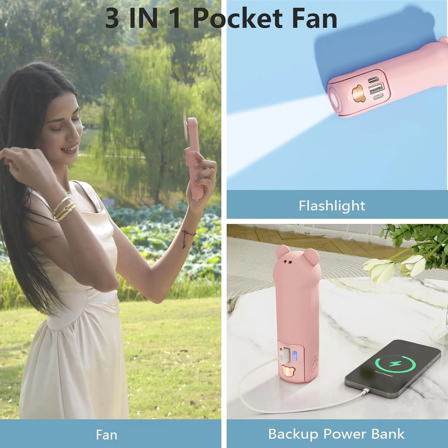Portable Handheld Mini Fan, USB Rechargeable with 3 Speeds, 17 Hrs, Folding Pocket Fan with Flashlight for Home, Travel, Outdoor (Pink)