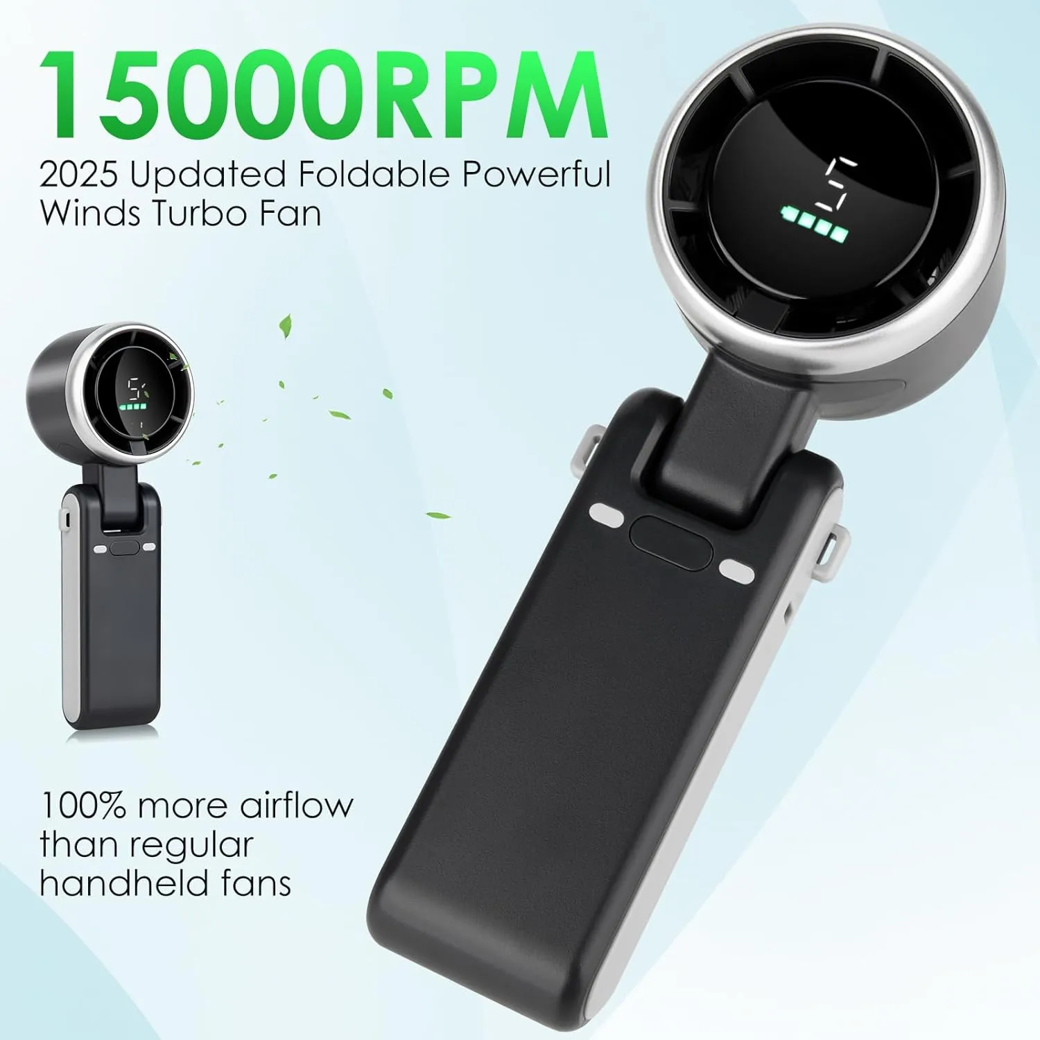 Portable Handheld Mini Turbo Fan, USB Rechargeable Travel Neck Fan with 5 Speeds, 3600mAh Battery & 15000RPM Speed, Up to 12 Working Hours, 3 IN 1 Foldable Personal Cooling Fan for Travel/Home Black