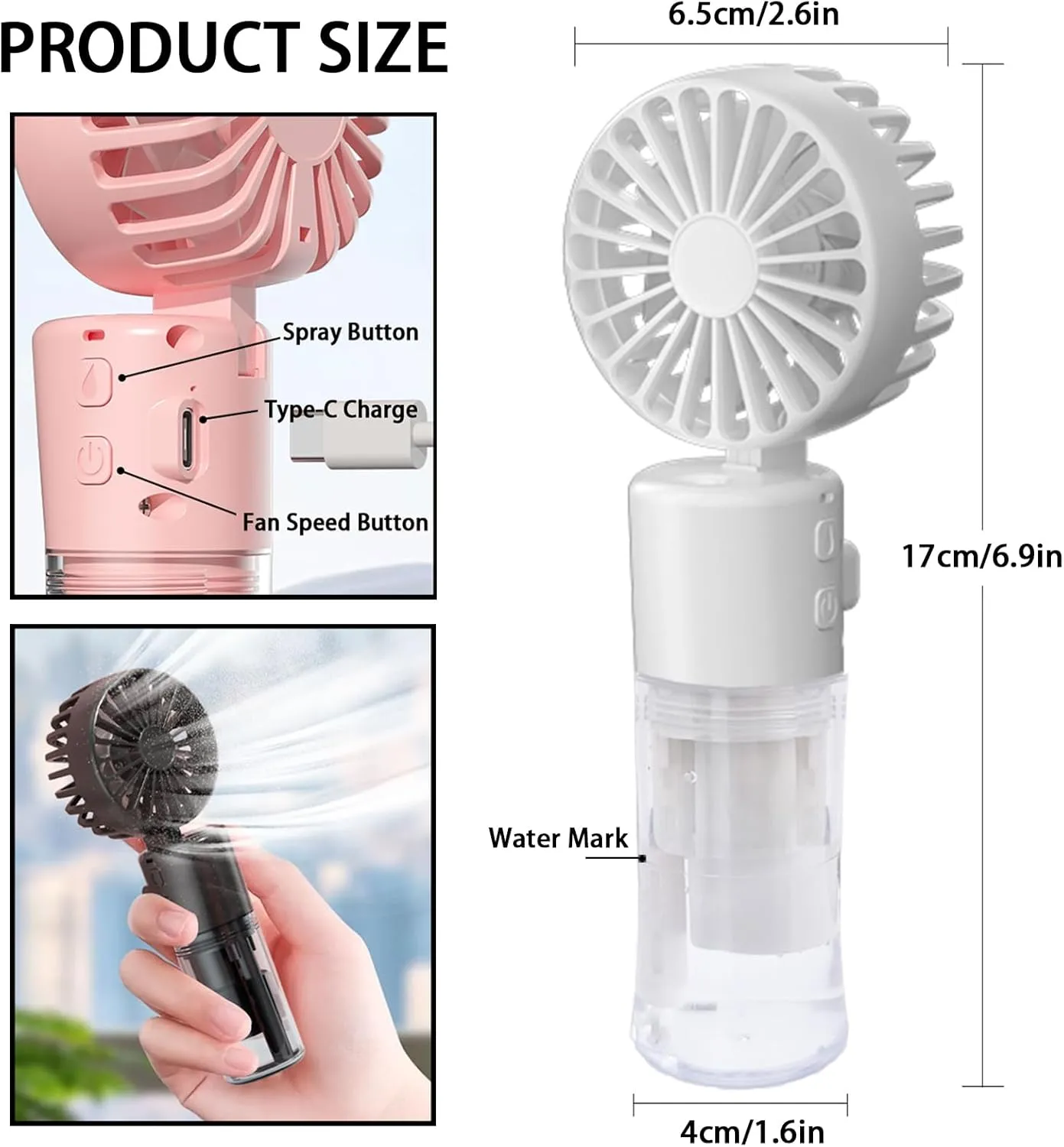 Portable Handheld Misting FanRechargeable Battery OperatedWater FanMist FansFoldable4 SpeedsMini Personal Cooling Fans for Outdoor,Travel, Makeup, Home, Office, Camping (White)