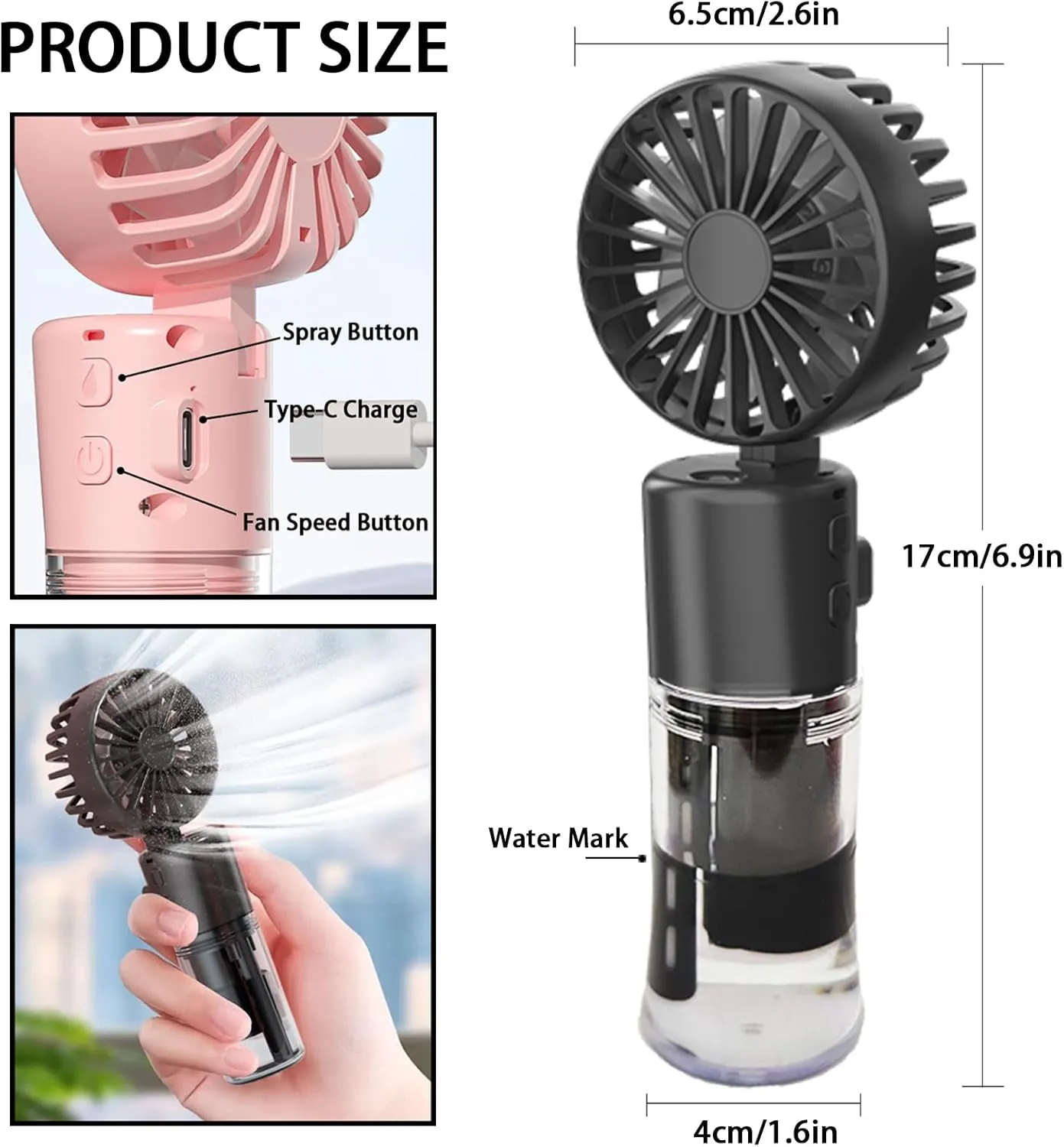 Portable Handheld Misting FanRechargeable Battery OperatedWater FanMist FansFoldable4 SpeedsMini Personal Cooling Fans for Outdoor,Travel, Makeup, Home, Office, Camping(Black)