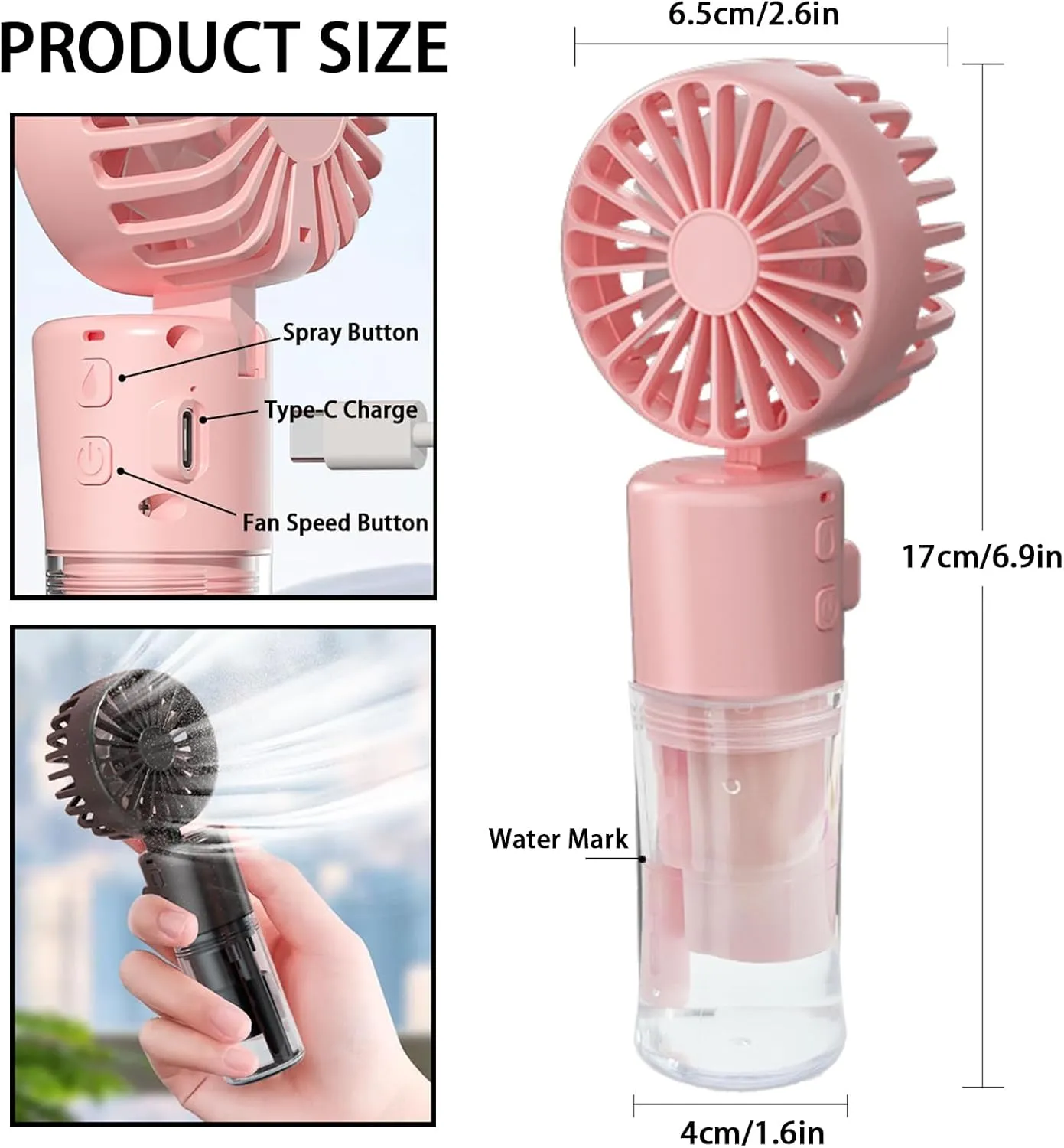 Portable Handheld Misting FanRechargeable Battery OperatedWater FanMist FansFoldable4 SpeedsMini Personal Cooling Fans for Outdoor,Travel, Makeup, Home, Office, Camping(Pink)