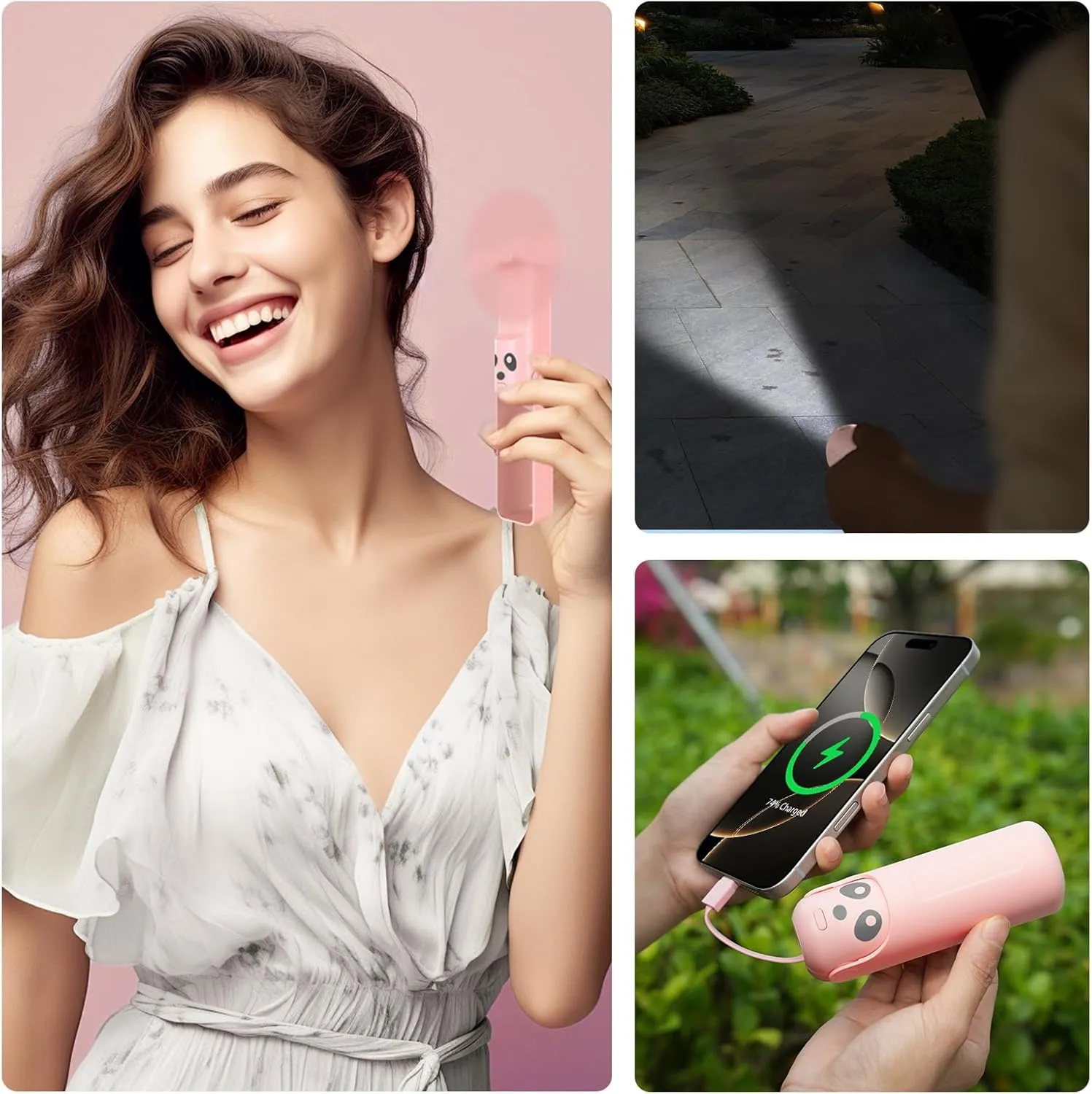Portable Handheld Personal Fan, 4 IN 1 USB-C Rechargeable Mini Eyelash Fans with 4500mAh Battery [26H Runtime], Flashlight, Lanyard for Disney World,TravelSummerConcerts, Pink