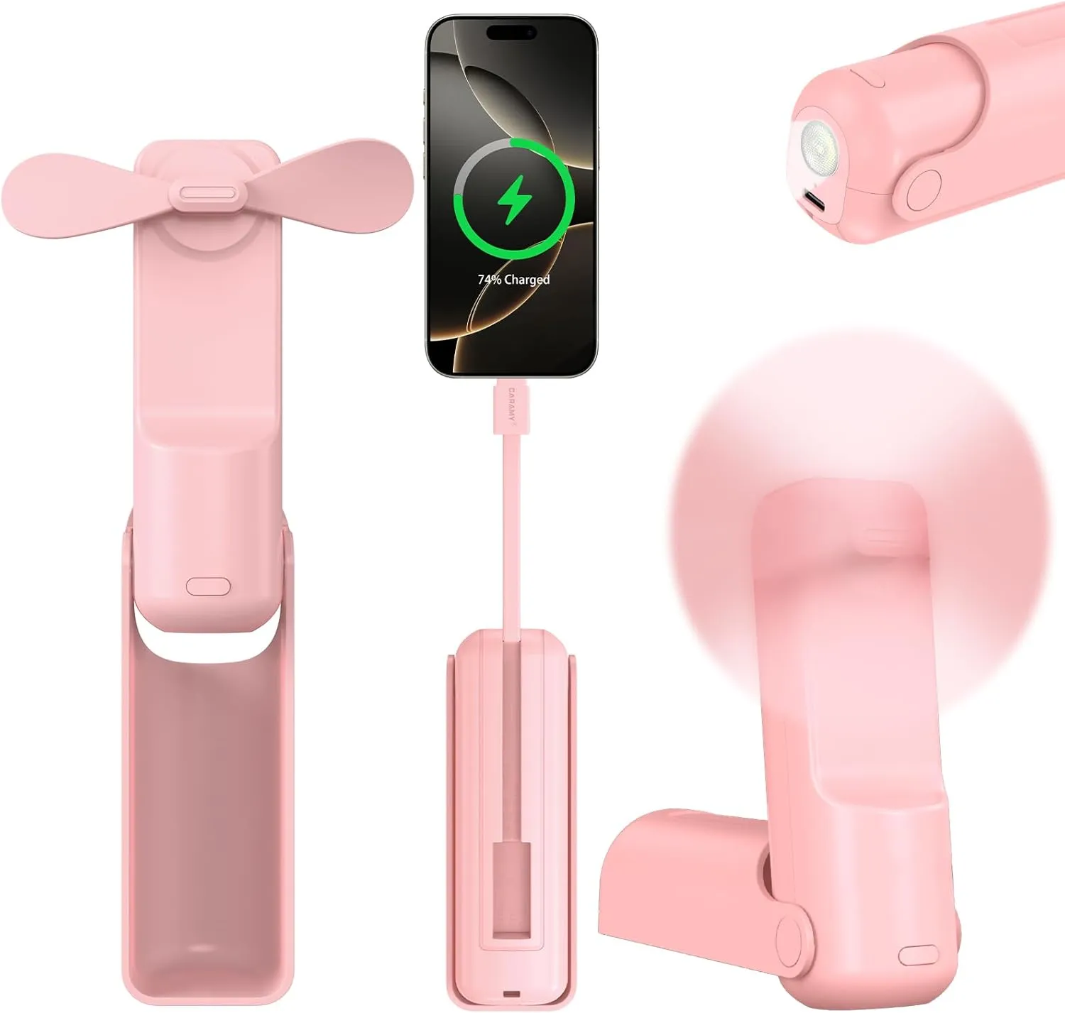 Portable Handheld Personal Fan, 4 IN 1 USB-C Rechargeable Mini Eyelash Fans with 4500mAh Battery [26H Runtime], Flashlight, Lanyard for Disney World,TravelSummerConcerts, Pink Mini handheld fan for personal cooling