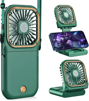 Portable Handheld Personal Necklace Fan Foldable Mini Quiet USB Rechargeable Fan With Mobile phone bracket function, 3000mAh Power Bank Hands Free Necklace Fans (Upgrade Green) Neck fan for hands-free comfort