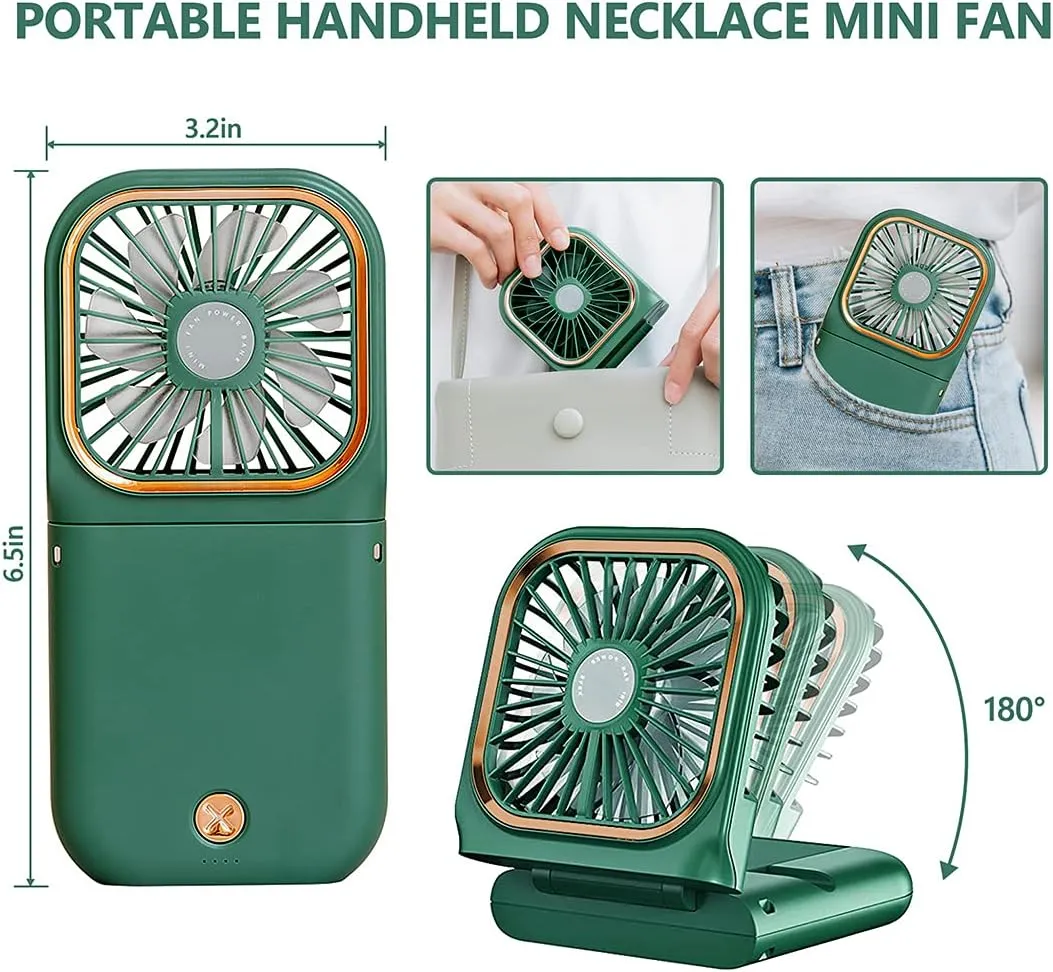 Portable Handheld Personal Necklace Fan Foldable Mini Quiet USB Rechargeable Fan With Mobile phone bracket function, 3000mAh Power Bank Hands Free Necklace Fans (Upgrade Green)