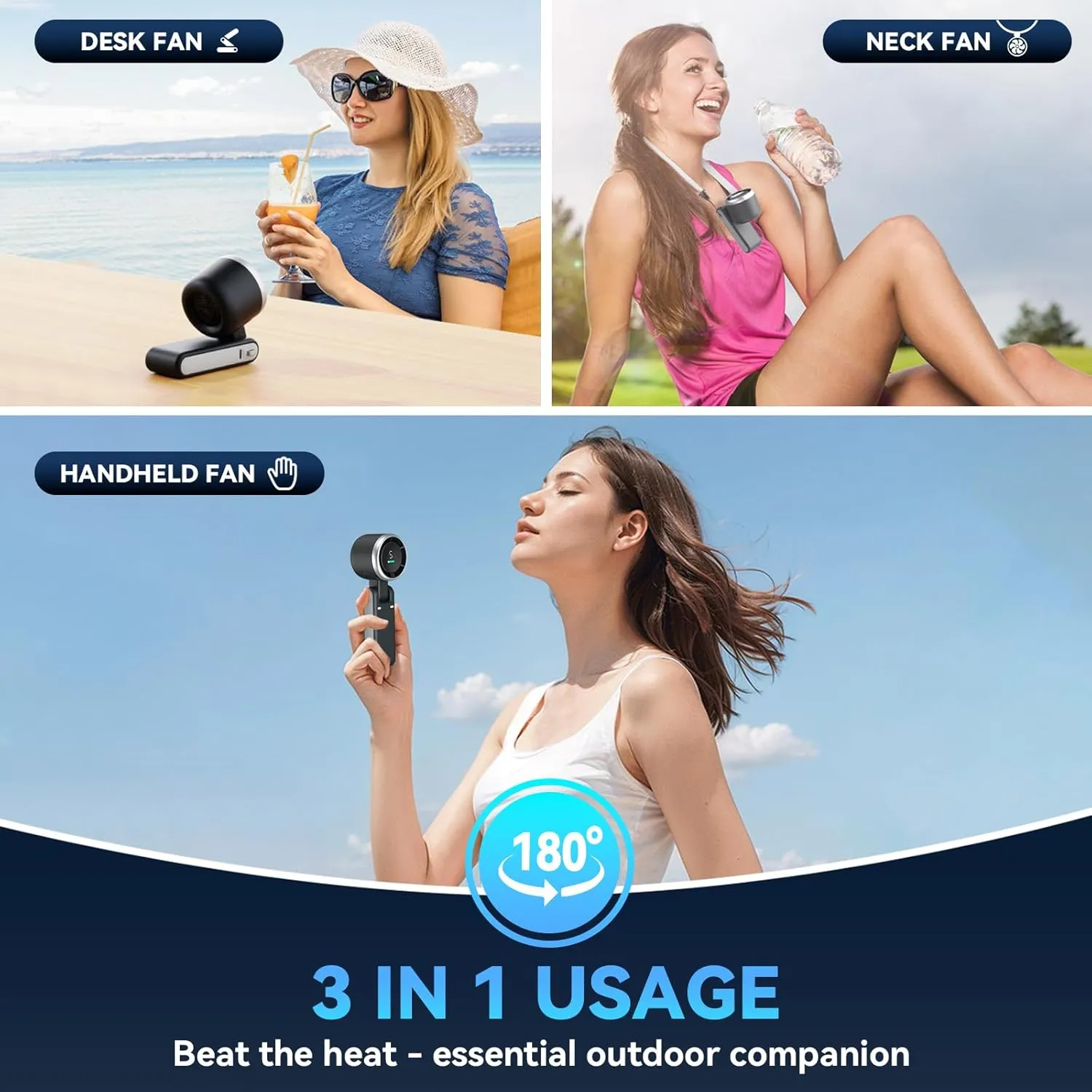 Portable Handheld Turbo Fan, 5 Gear Wind, Battery Operated, Up to 12 Working Hours, 3 IN 1 Hand Fan with Air Turbo Tech Cooling Fan for Outdoor Activities, Travel, Beach (Black)