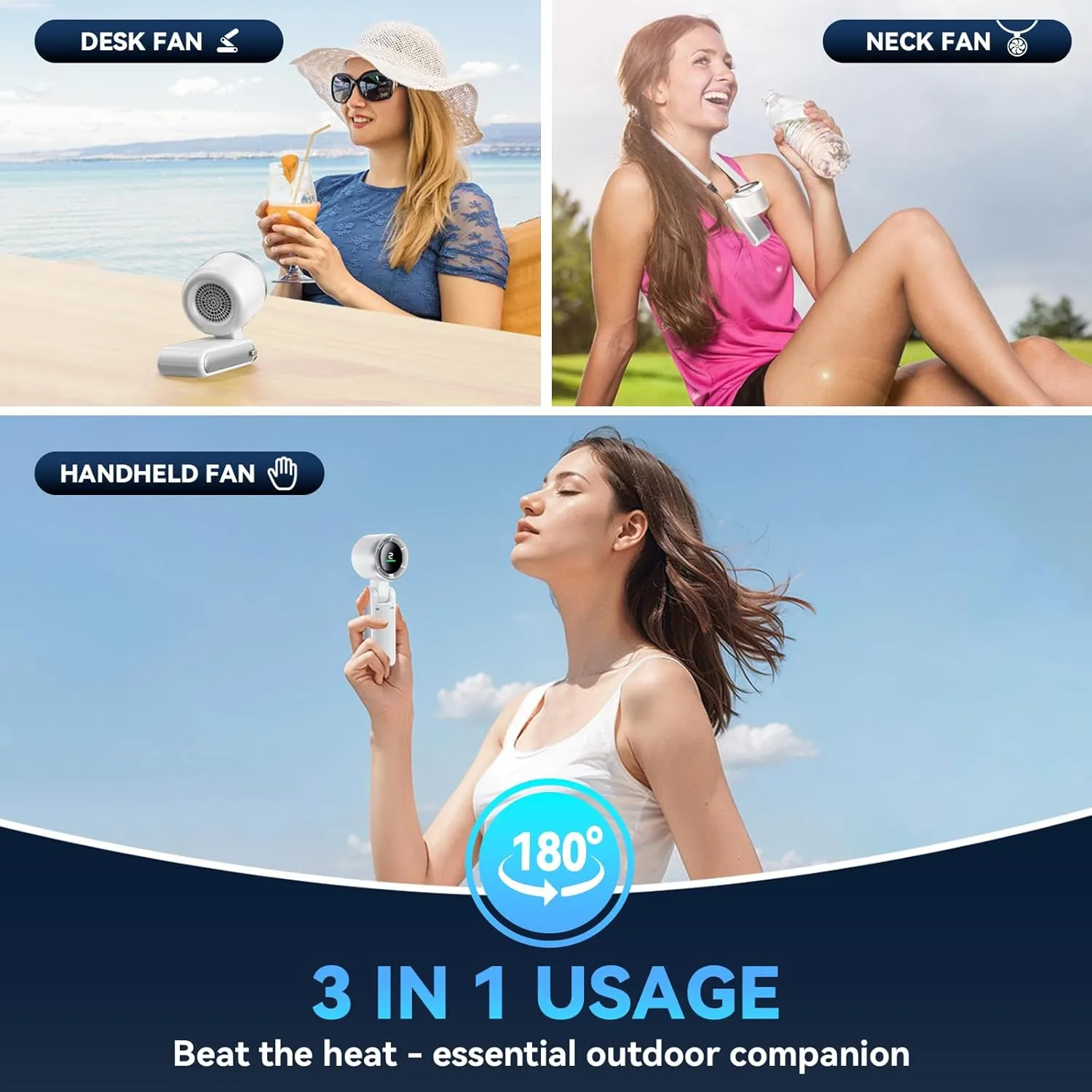 Portable Handheld Turbo Fan, 5 Gear Wind, Battery Operated, Up to 12 Working Hours, 3 IN 1 Hand Fan with Air Turbo Tech Cooling Fan for Outdoor Activities, Travel, Beach (White)