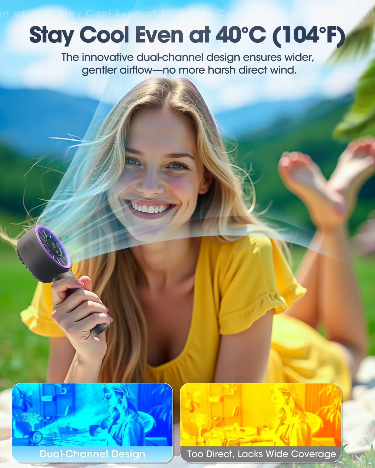 Portable Handheld Turbo Fan, 5000mAh High Speed Rechargeable Personal Hand Fan, Portable Mini Fans with Dual-Channel Tech & Night Light, 3 IN 1 Pocket Fans Travel Fann for Outdoor/Indoor Activities