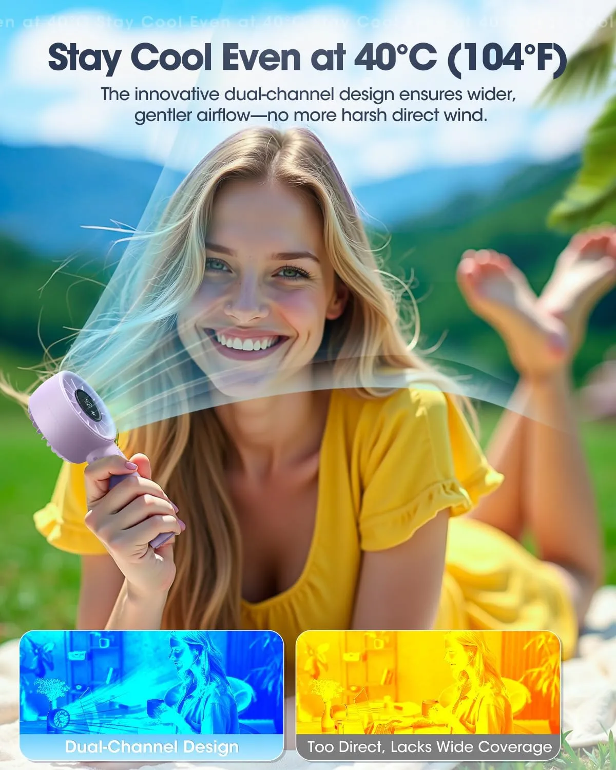 Portable Handheld Turbo Fan, 5000mAh High Speed Rechargeable Personal Hand Fan, Portable Mini Fans with Dual-Channel Tech & Night Light, 3 IN 1 Pocket Fans Travel Fann for Outdoor/Indoor Activities