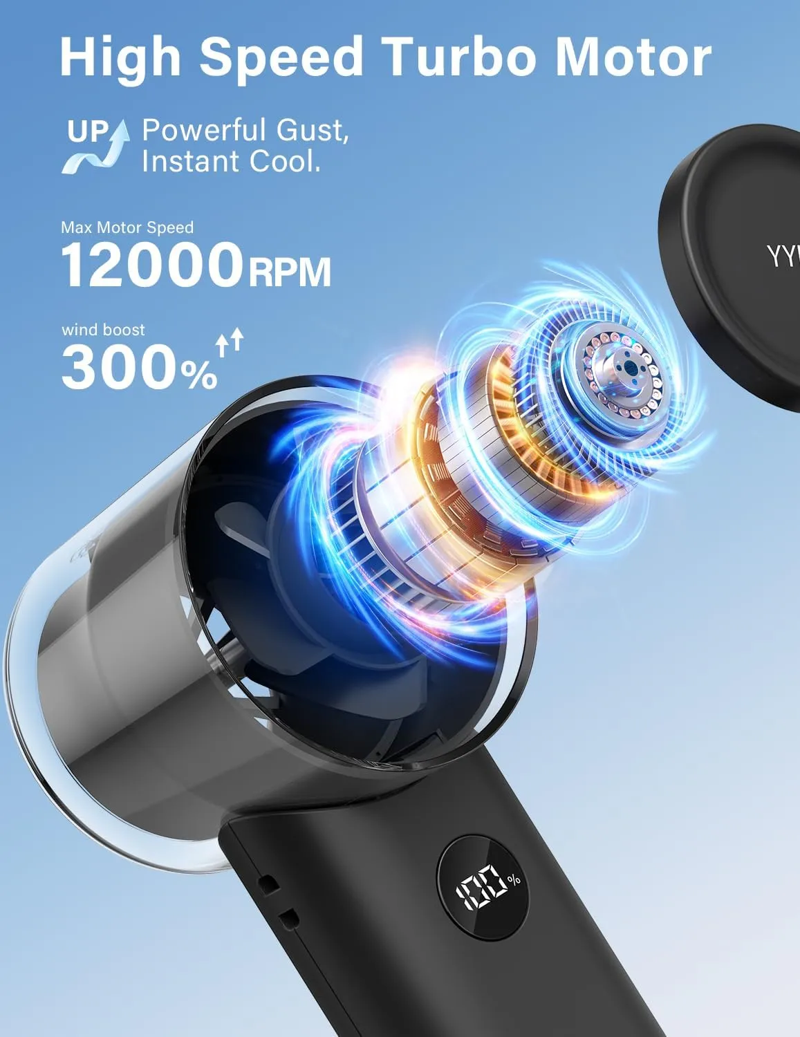 Portable Handheld Turbo Fan, Foldable 5 Speed 3-in-1 Rechargeable Personal Hand Held Fan with 90 Direction Control & Digital Display, Pocket Mini Fans for Travel, Outdoor, Home, Office Black