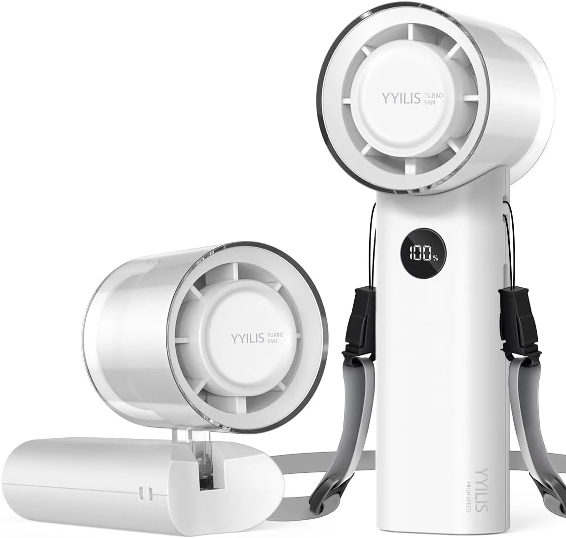 Portable Handheld Turbo Fan, Foldable 5 Speed 3-in-1 Rechargeable Personal Hand Held Fan with 90 Direction Control & Digital Display, Pocket Mini Fans for Travel, Outdoor, Home, Office White Mini handheld fan for personal cooling