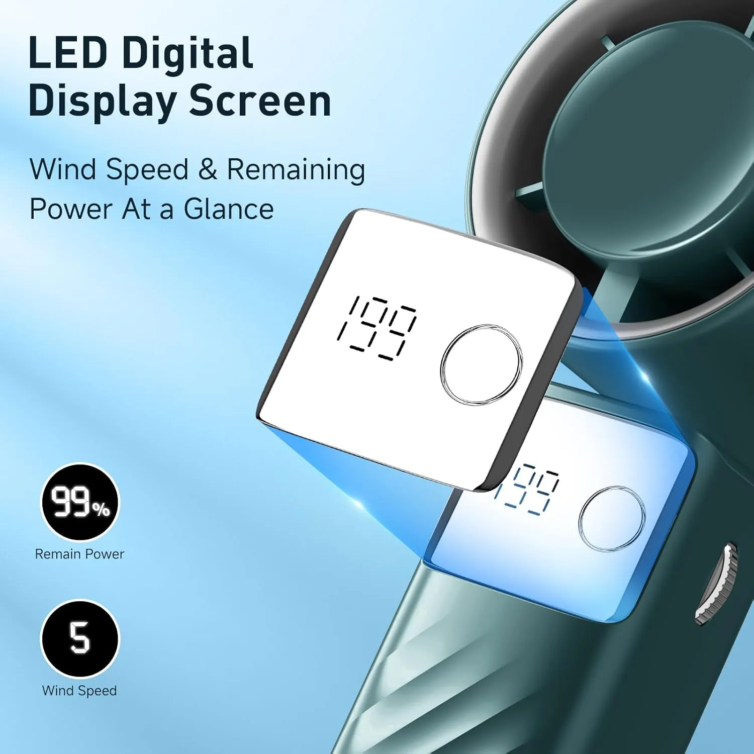 Portable Handheld Turbo Fan - Foldable Mini Fan with Air Turbo Tech, 1-199 Speed Adjustment, 20H Runtime, LED Display, Battery-Powered for Indoor/Outdoor Use Dark Green