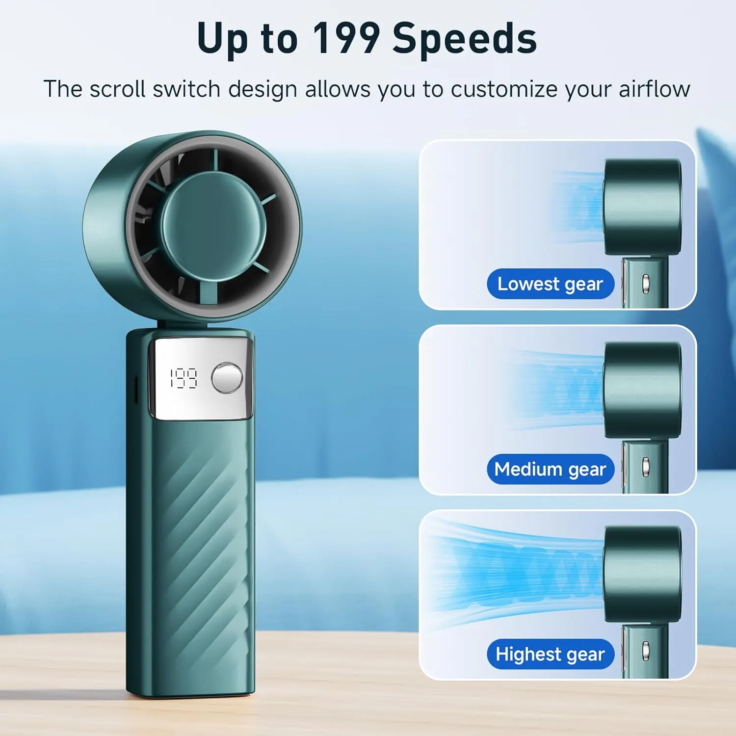 Portable Handheld Turbo Fan - Foldable Mini Fan with Air Turbo Tech, 1-199 Speed Adjustment, 20H Runtime, LED Display, Battery-Powered for Indoor/Outdoor Use Dark Green