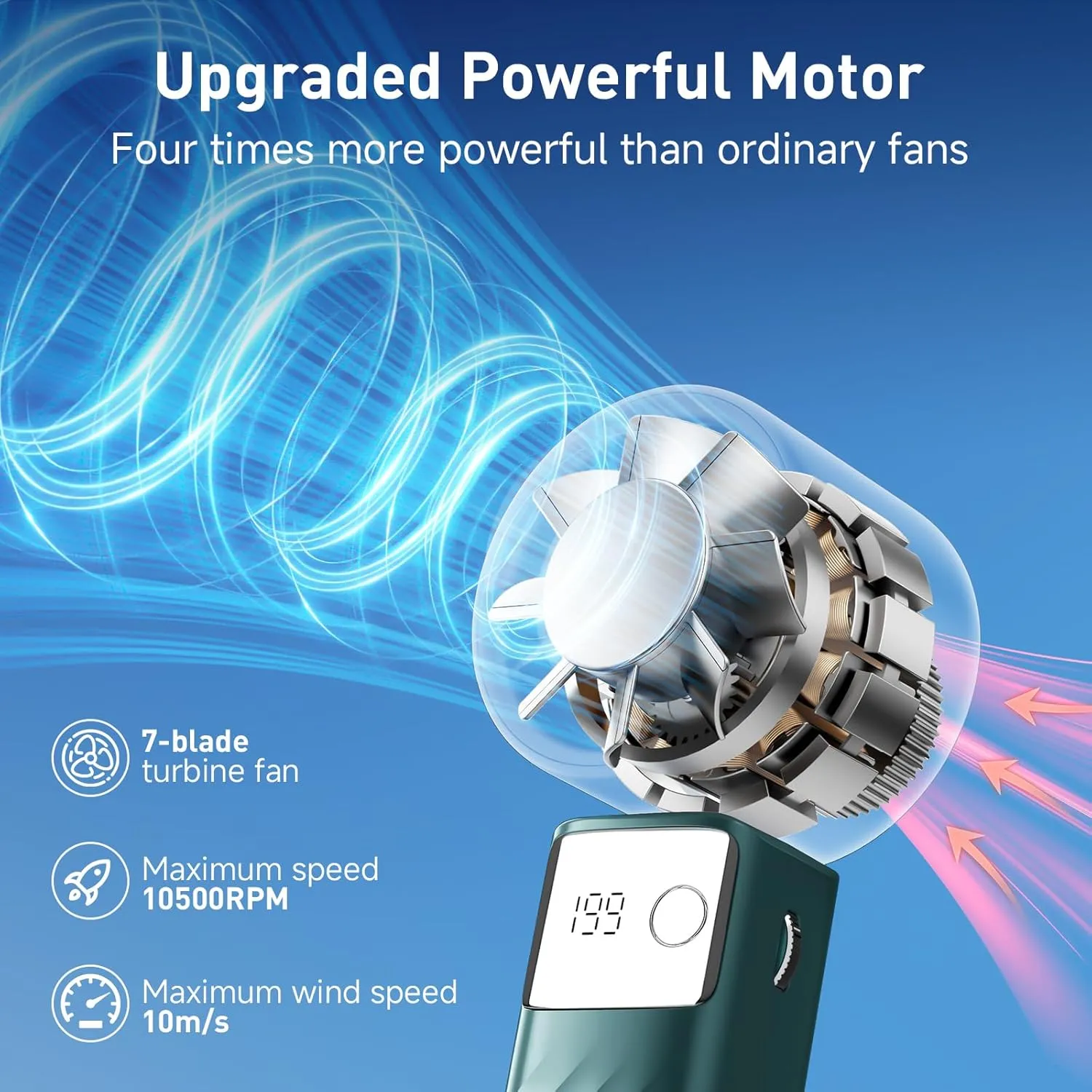Portable Handheld Turbo Fan - Foldable Mini Fan with Air Turbo Tech, 1-199 Speed Adjustment, 20H Runtime, LED Display, Battery-Powered for Indoor/Outdoor Use Dark Green