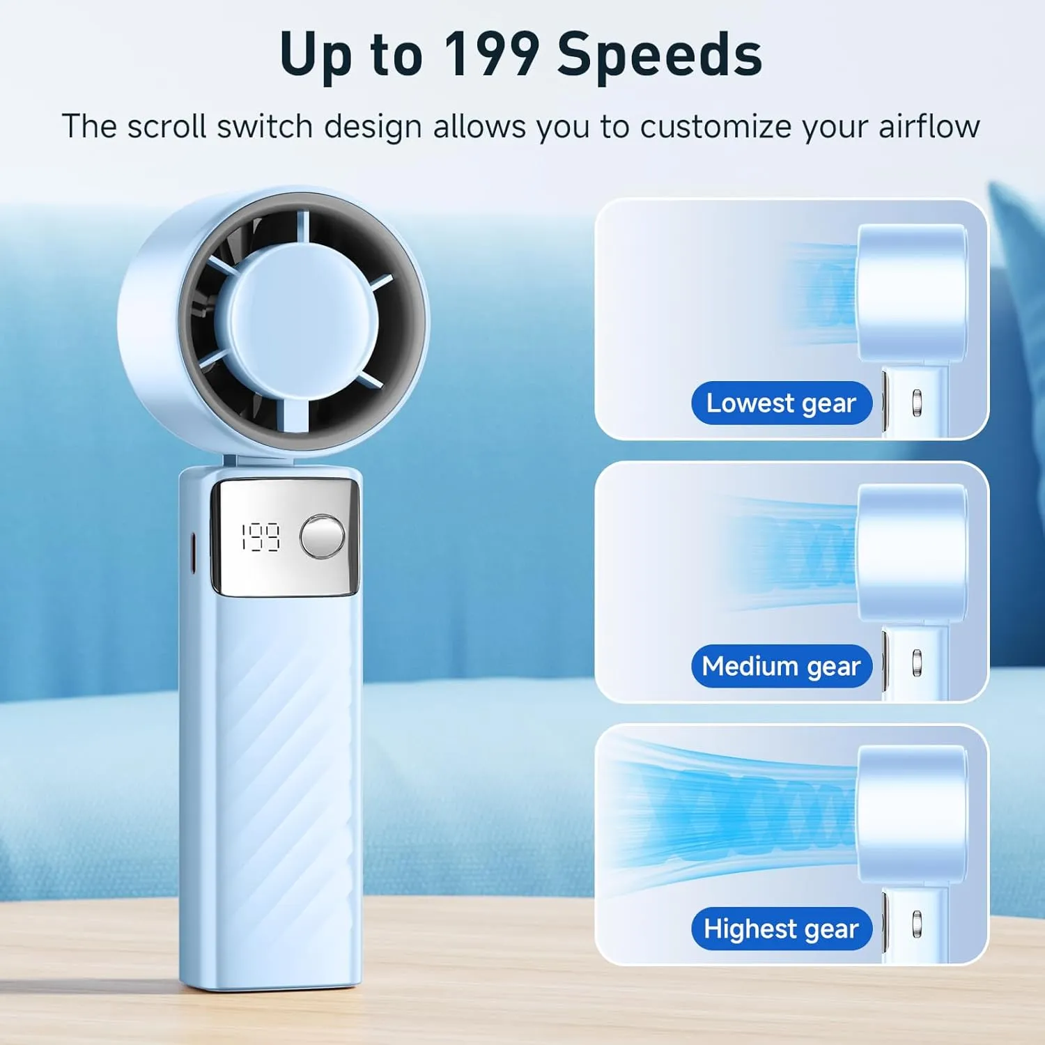Portable Handheld Turbo Fan - Foldable Mini Fan with Air Turbo Tech, 1-199 Speed Adjustment, 20H Runtime, LED Display, Battery-Powered for Indoor/Outdoor Use Light Blue