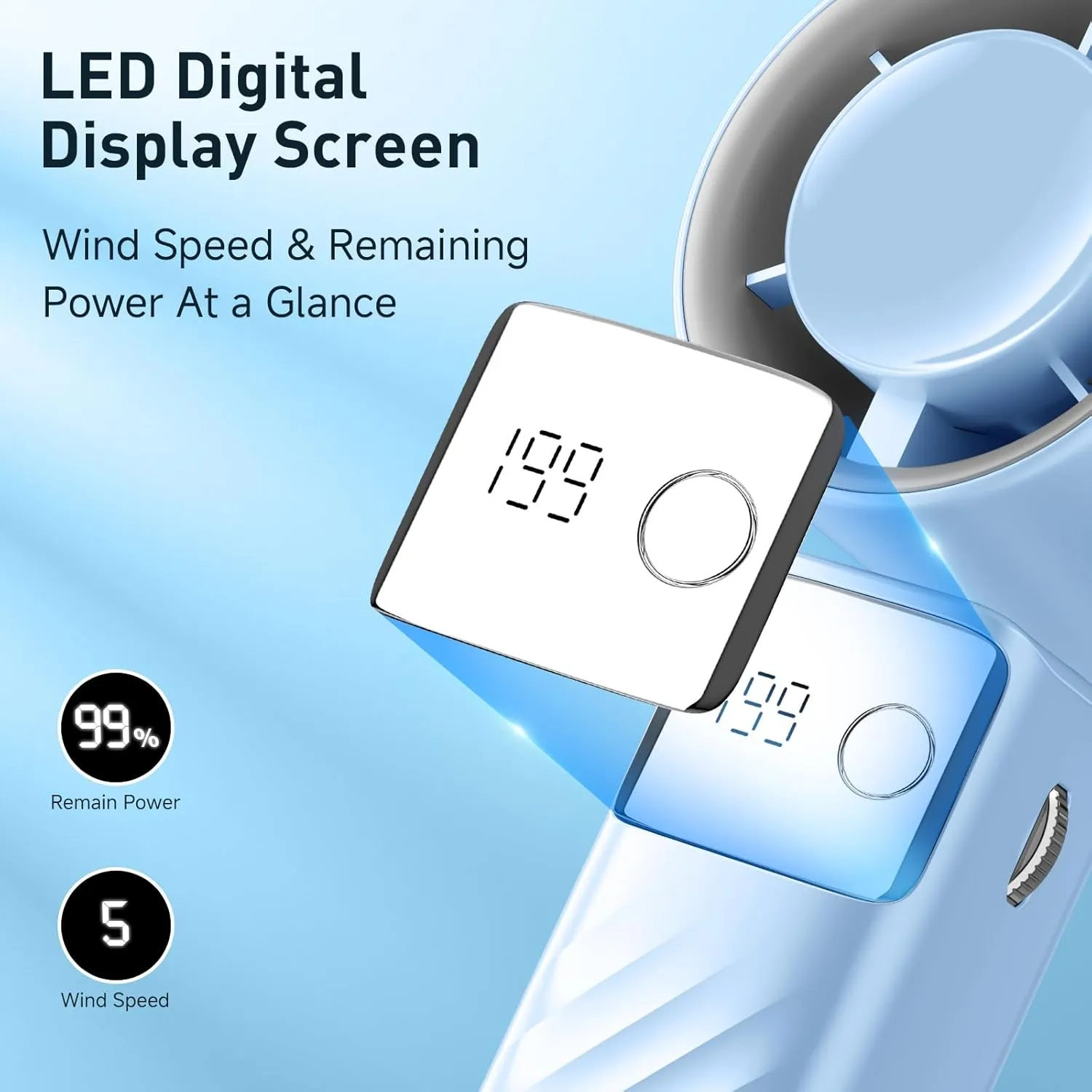 Portable Handheld Turbo Fan - Foldable Mini Fan with Air Turbo Tech, 1-199 Speed Adjustment, 20H Runtime, LED Display, Battery-Powered for Indoor/Outdoor Use Light Blue