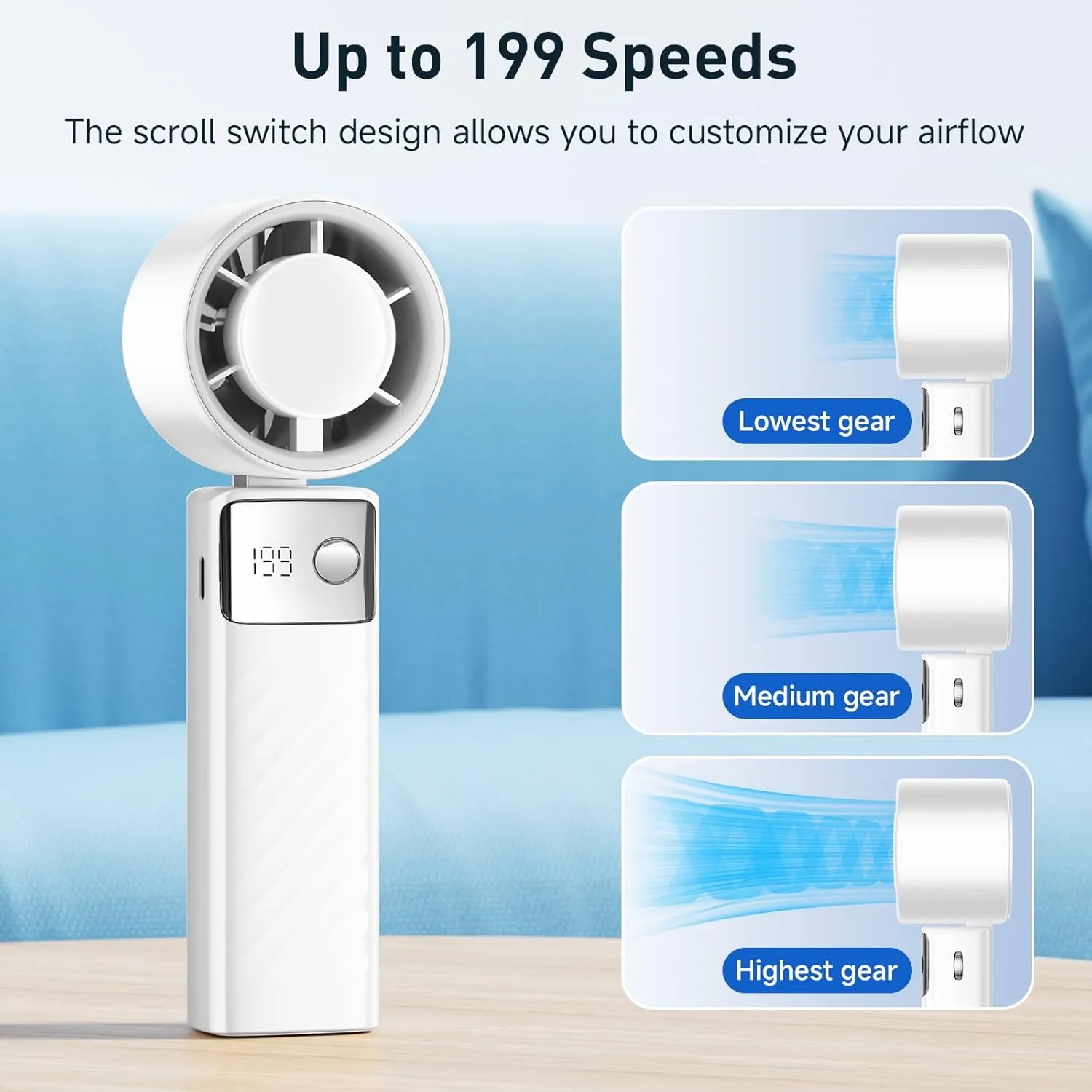 Portable Handheld Turbo Fan - Foldable Mini Fan with Air Turbo Tech, 1-199 Speed Adjustment, 20H Runtime, LED Display, Battery-Powered for Indoor/Outdoor Use Light White