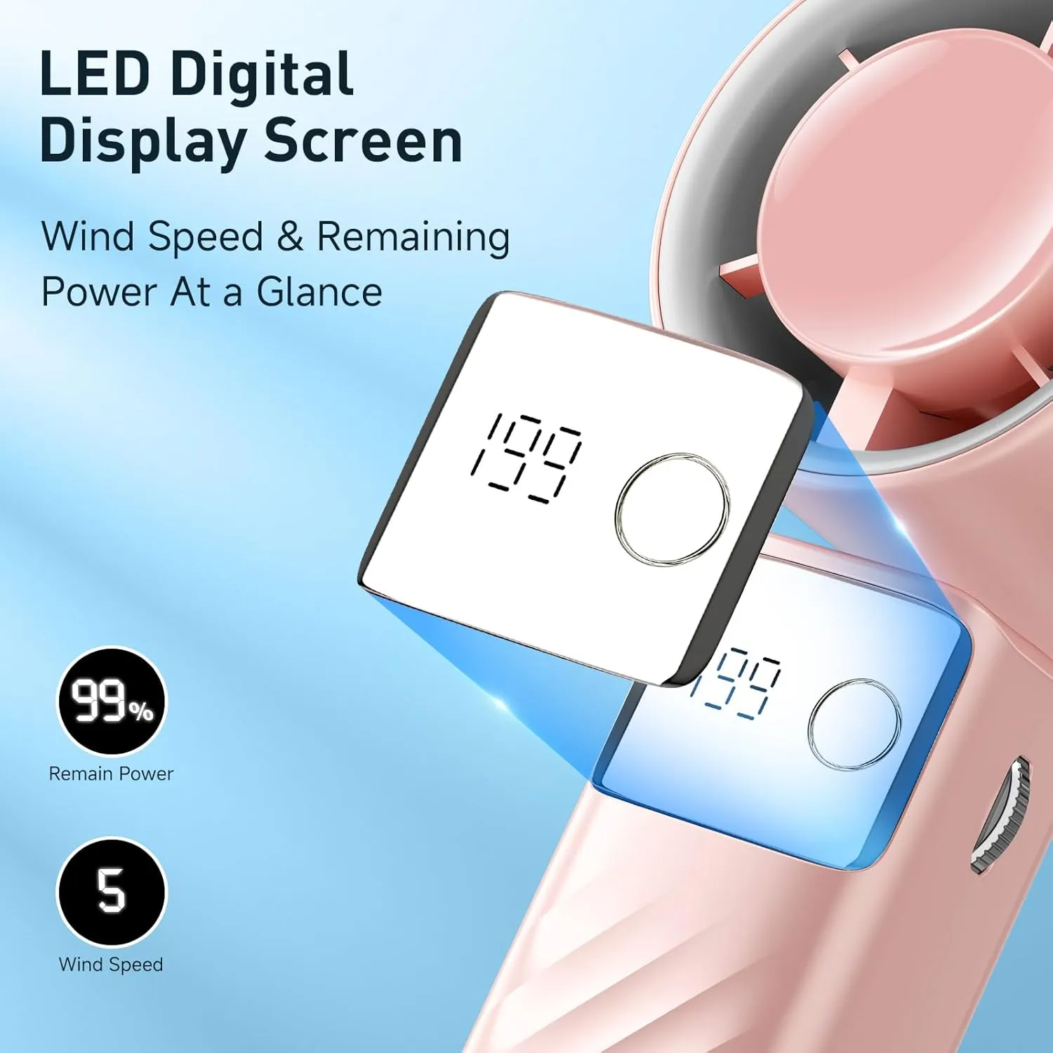 Portable Handheld Turbo Fan - Foldable Mini Fan with Air Turbo Tech, 1-199 Speed Adjustment, 20H Runtime, LED Display, Battery-Powered for Indoor/Outdoor Use Nude Pink