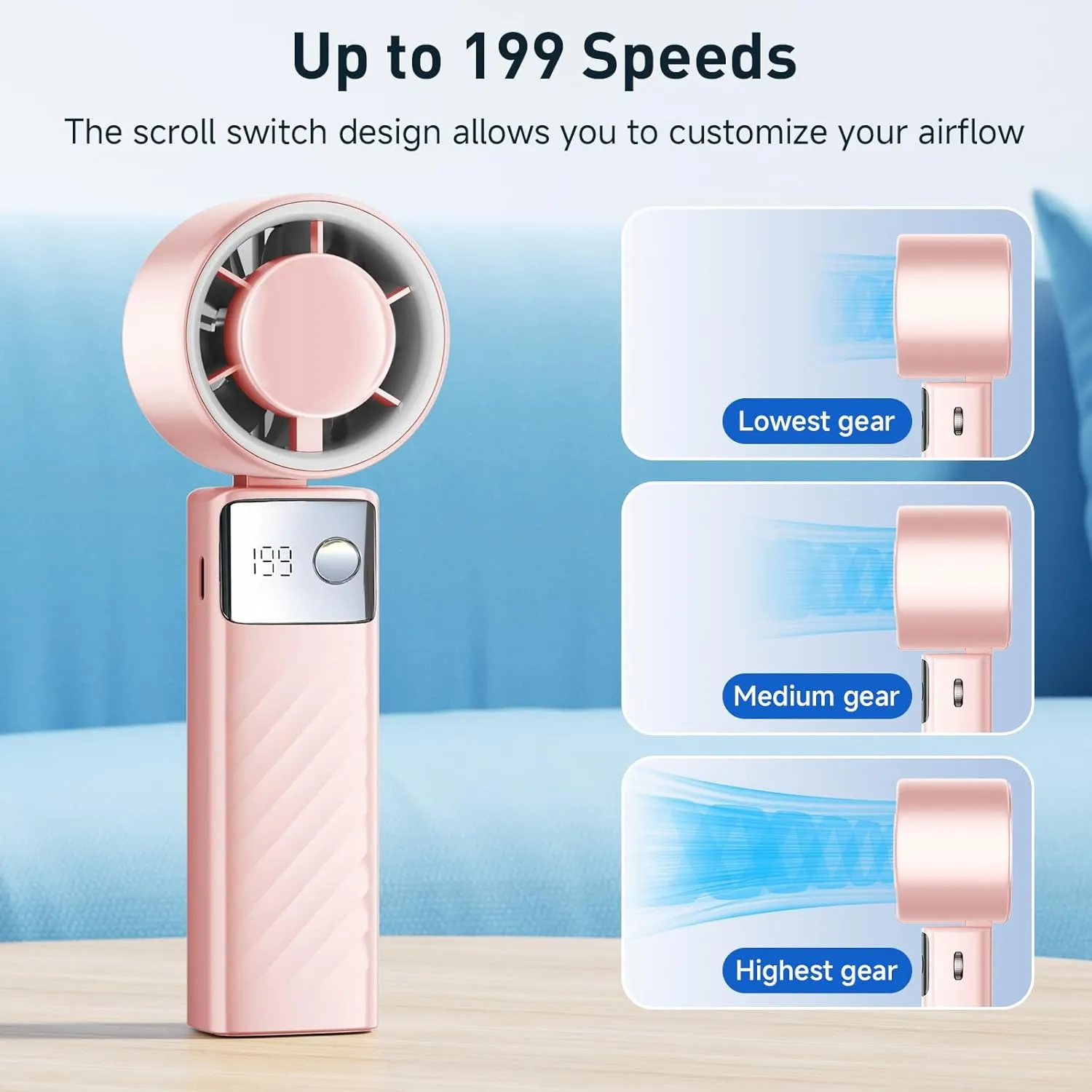 Portable Handheld Turbo Fan - Foldable Mini Fan with Air Turbo Tech, 1-199 Speed Adjustment, 20H Runtime, LED Display, Battery-Powered for Indoor/Outdoor Use Nude Pink