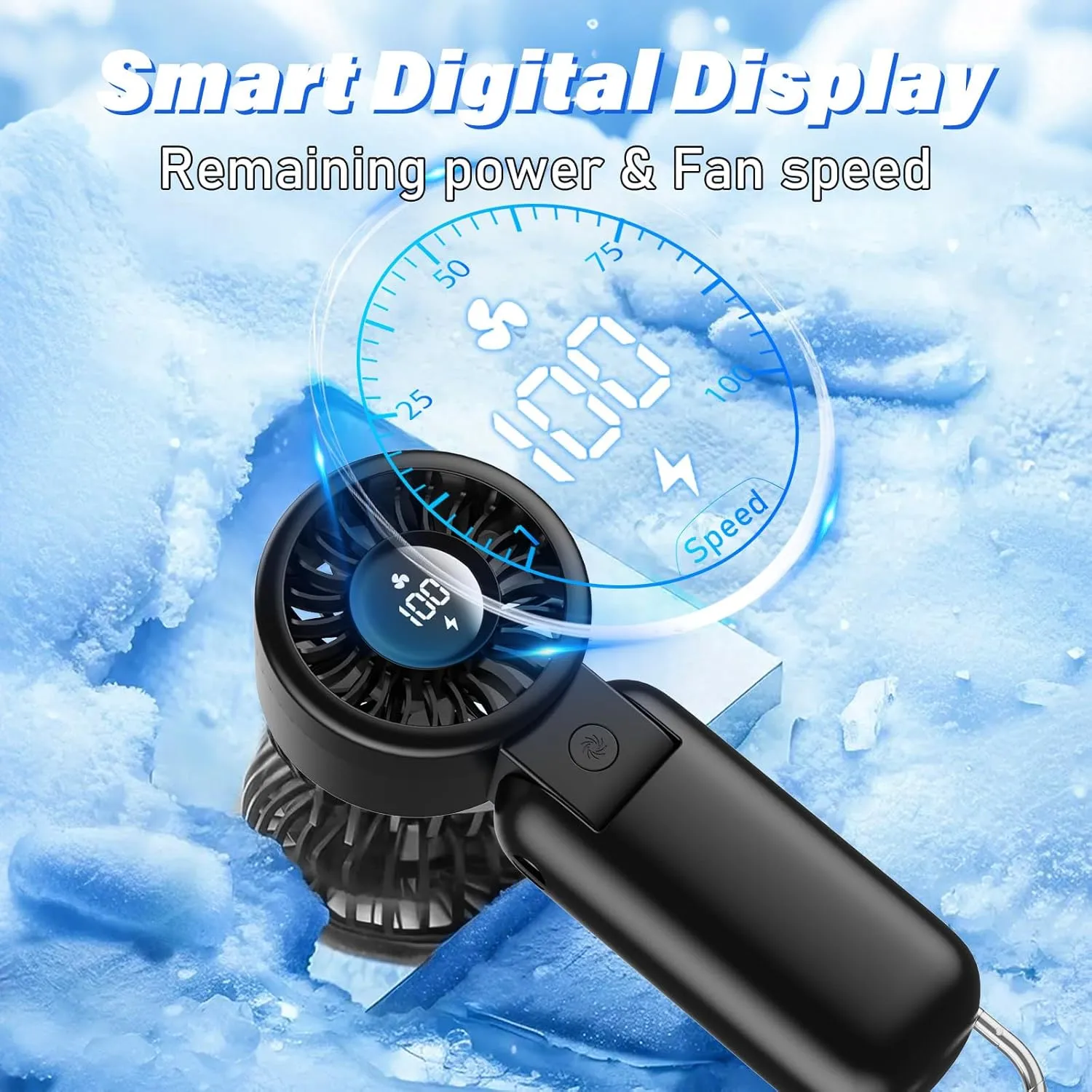 Portable HandHeld Turbo Fan - Foldable Personal Fan with LED Display, 5 Speeds, Lanyard, USB Rechargeable, Strong Airflow, Mini Pocket Fans Gifts for Women/Men, Travel, Vacation, Concerts, Lash, Beach