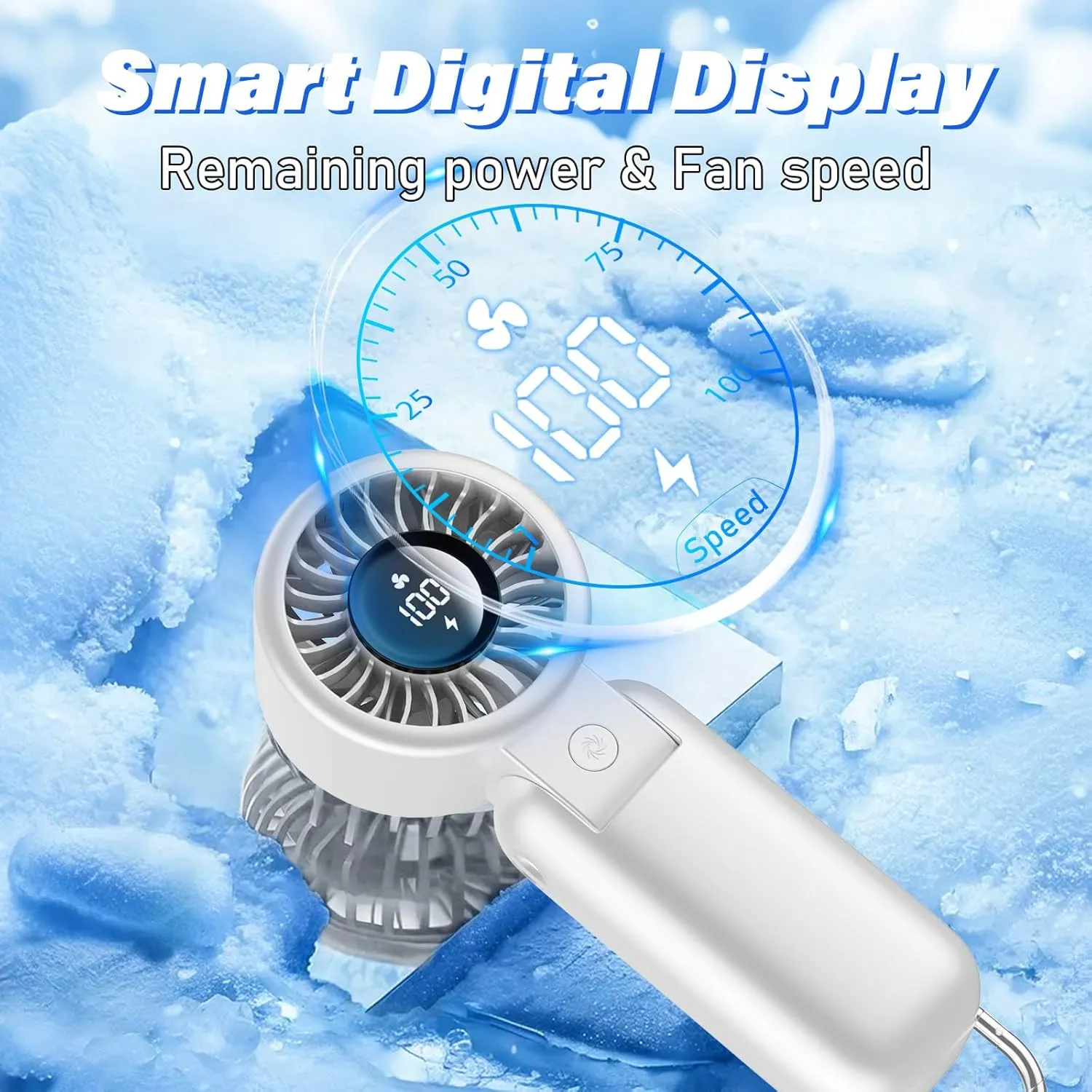 Portable HandHeld Turbo Fan - Foldable Personal Fan with LED Display, 5 Speeds, Lanyard, USB Rechargeable, Strong Airflow, Mini Pocket Fans Gifts for Women/Men, Travel, Vacation, Concerts, Lash, Beach