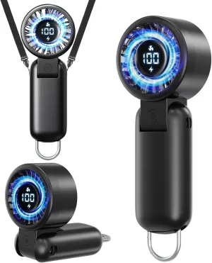 Portable HandHeld Turbo Fan - Foldable Personal Fan with LED Display, 5 Speeds, Lanyard, USB Rechargeable, Strong Airflow, Mini Pocket Fans Gifts for Women/Men, Travel, Vacation, Concerts, Lash, Beach Mini handheld fan for personal cooling