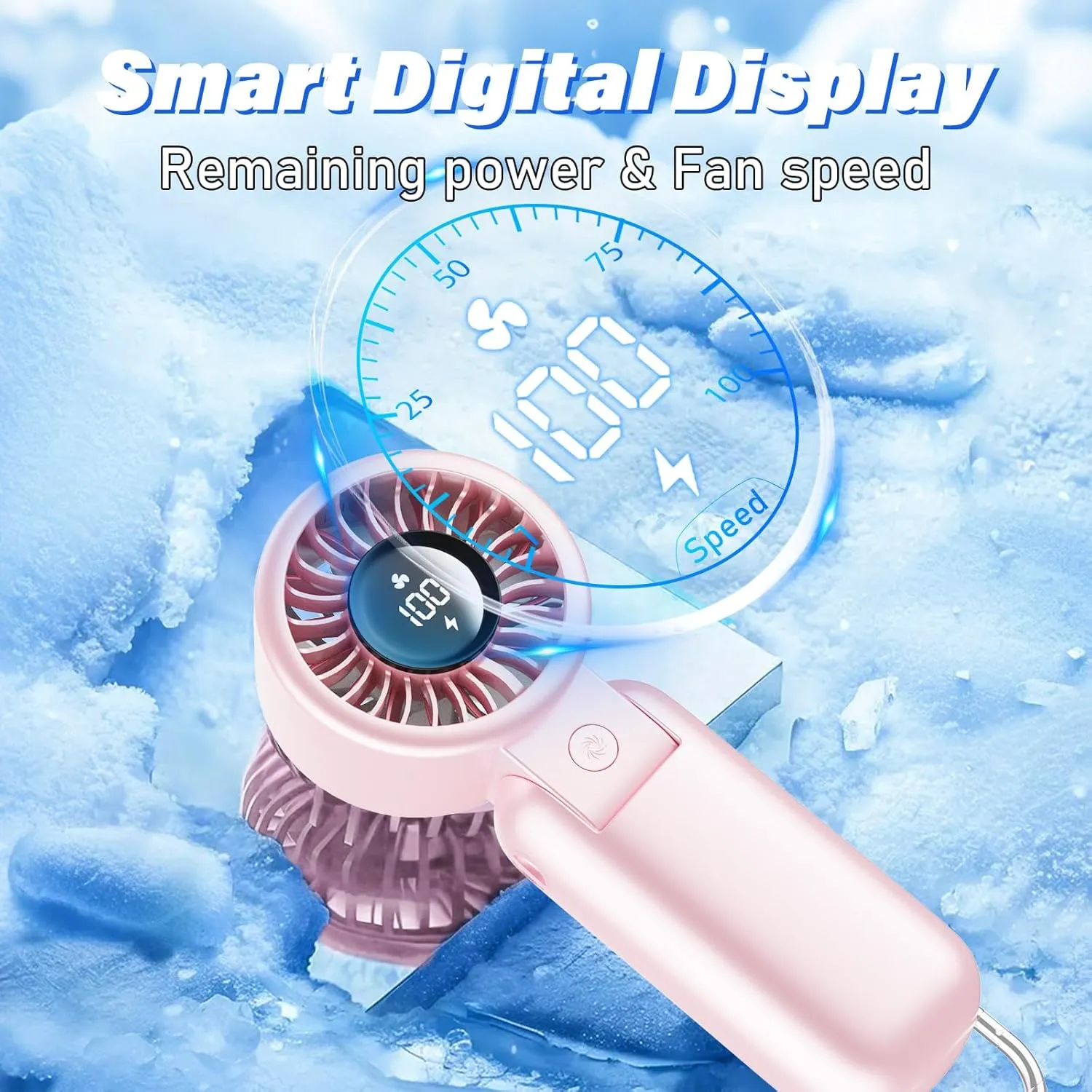 Portable HandHeld Turbo Fan - Foldable Personal Fan with LED Display, 5 Speeds, Lanyard, USB Rechargeable, Strong Airflow, Mini Pocket Fans Gifts for Women/Men, Travel, Vacation, Concerts, Lash, Beach