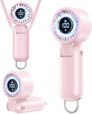 Portable HandHeld Turbo Fan - Foldable Personal Fan with LED Display, 5 Speeds, Lanyard, USB Rechargeable, Strong Airflow, Mini Pocket Fans Gifts for Women/Men, Travel, Vacation, Concerts, Lash, Beach Mini handheld fan for personal cooling