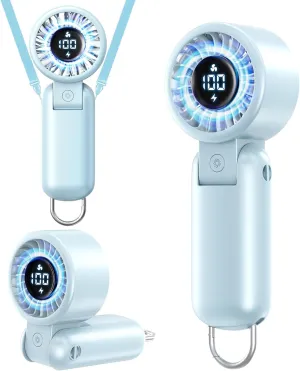 Portable HandHeld Turbo Fan - Foldable Personal Fan with LED Display, 5 Speeds, Lanyard, USB Rechargeable, Strong Airflow, Mini Pocket Fans Gifts for Women/Men, Travel, Vacation, Concerts, Lash, Beach Mini handheld fan for personal cooling