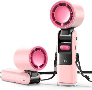 Portable Handheld Turbo Fan, Portable Mini Fan 6000mAh Rechargeable, 24 Hrs Cooling Time,High-Power Motor, 5 Gear Wind,LED Display,Portable Foldable Design for Travel,Outdoor, Working (Pink) Battery-powered portable fan