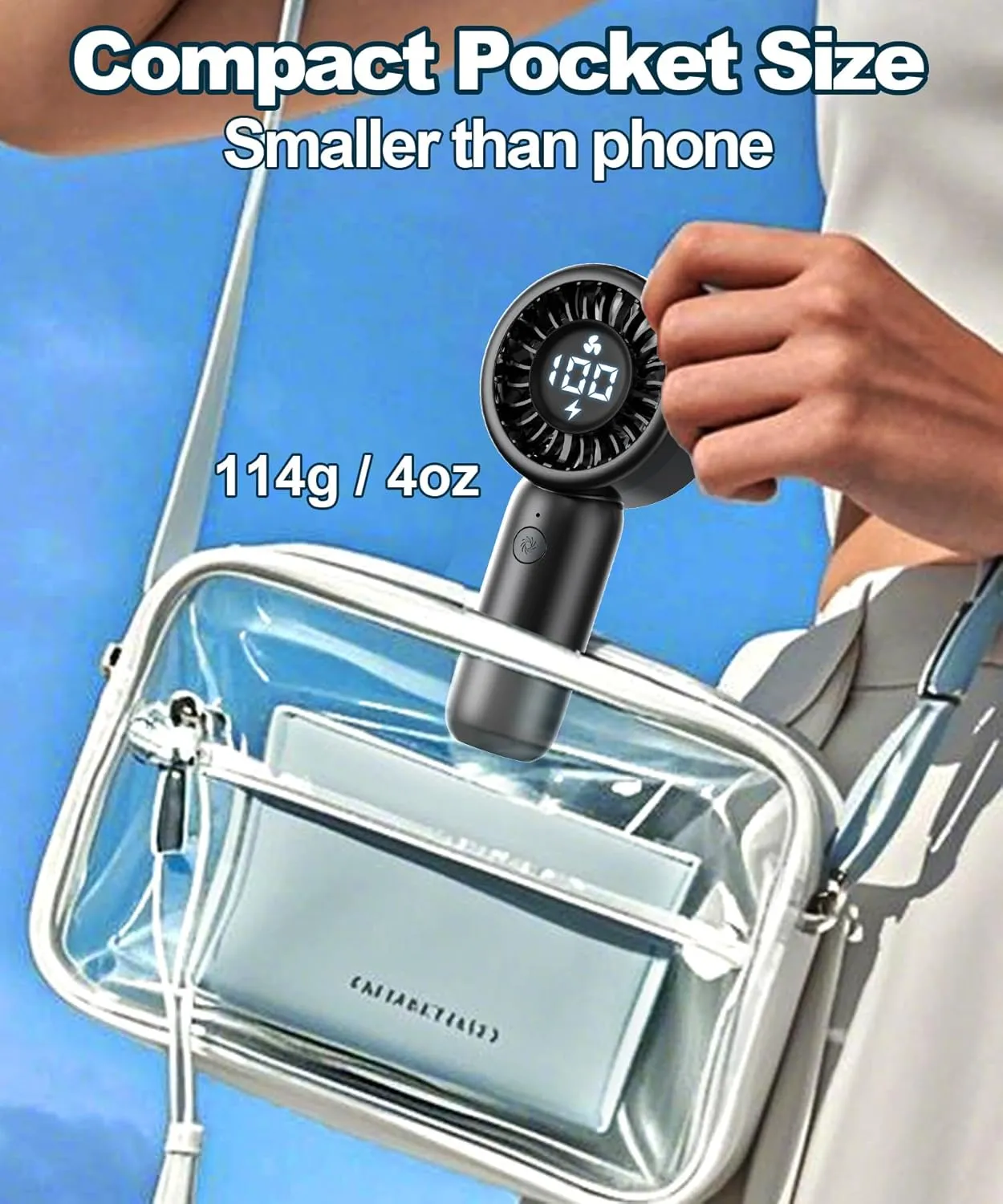 Portable Handheld Turbo Fan with LED Display - Turbocharged 32ft Cooling, Long-lasting 5 Speeds 4oz Lightweight, USB Rechargeable Mini Personal Hand Held Fan Gift for Women Men Travel, Office, Makeup