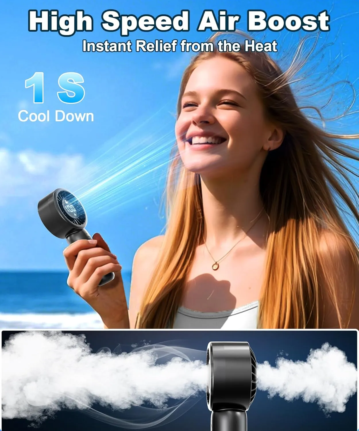 Portable Handheld Turbo Fan with LED Display - Turbocharged 32ft Cooling, Long-lasting 5 Speeds 4oz Lightweight, USB Rechargeable Mini Personal Hand Held Fan Gift for Women Men Travel, Office, Makeup