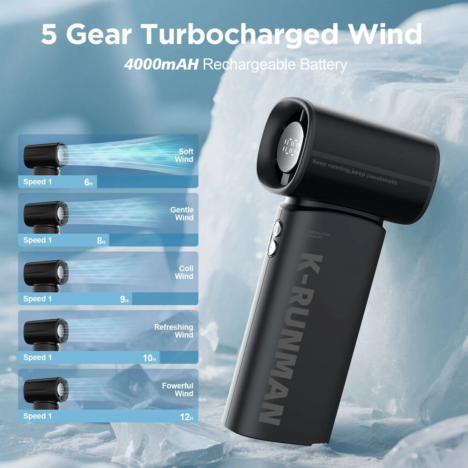 Portable Handheld Turbo Fan,100 Speeds Adjustable Mini Personal Fan, 4000mAh USB Rechargeable Battery Operated, LED Display,Gifts for Women Men Travel/Camping/Outdoor (Black)