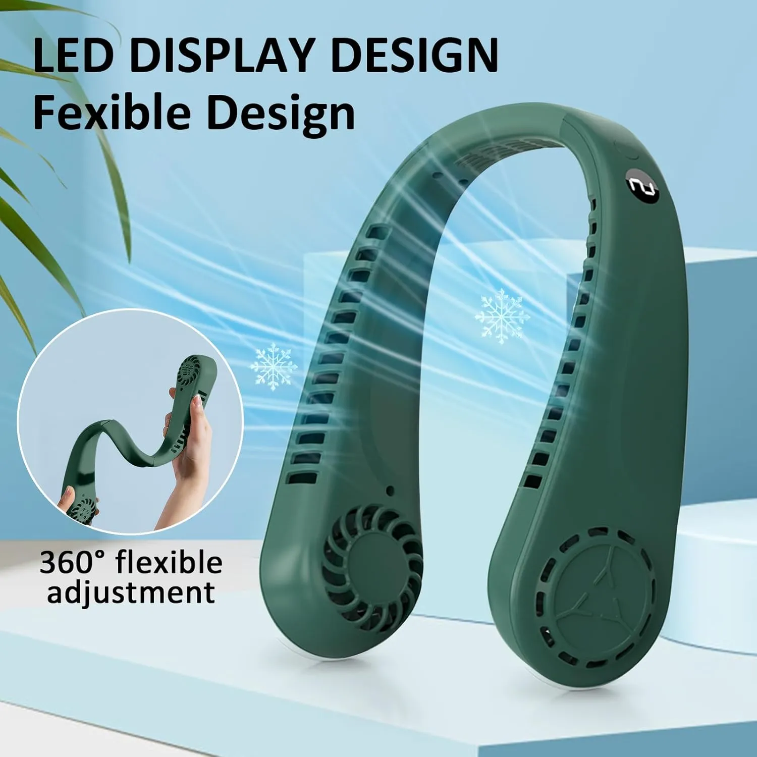 Portable Hands free Bladeless Hanging Neck Fans with Screen Display and 5 Speeds Levels, USB Rechargeable, 360 Cooling Wearable Personal Fan for Work Travel Sport Outdoor (Green)