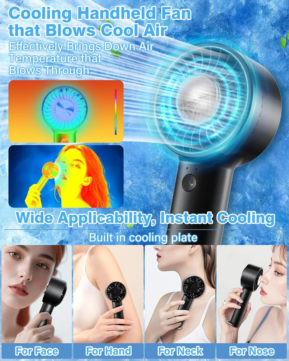 Portable Ice Cooling Handheld Fan with Semiconductor Cooling Plate, USB Rechargeable Personal Turbo Mini Hand Held Fan that Blow Cold Air, 5 Speeds Ice Cooler, Gift for Womens, Mens, Travel, Outdoor