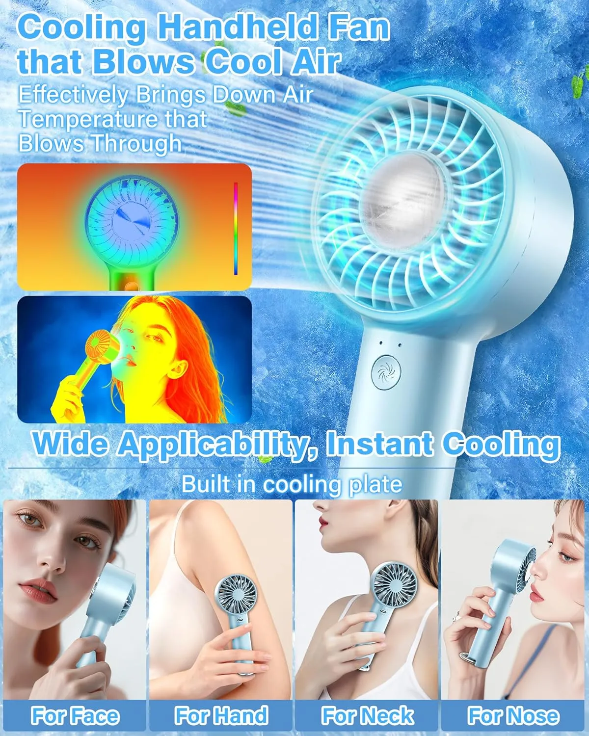 Portable Ice Cooling Handheld Fan with Semiconductor Cooling Plate, USB Rechargeable Personal Turbo Mini Hand Held Fan that Blow Cold Air, 5 Speeds Ice Cooler, Gift for Womens, Mens, Travel, Outdoor