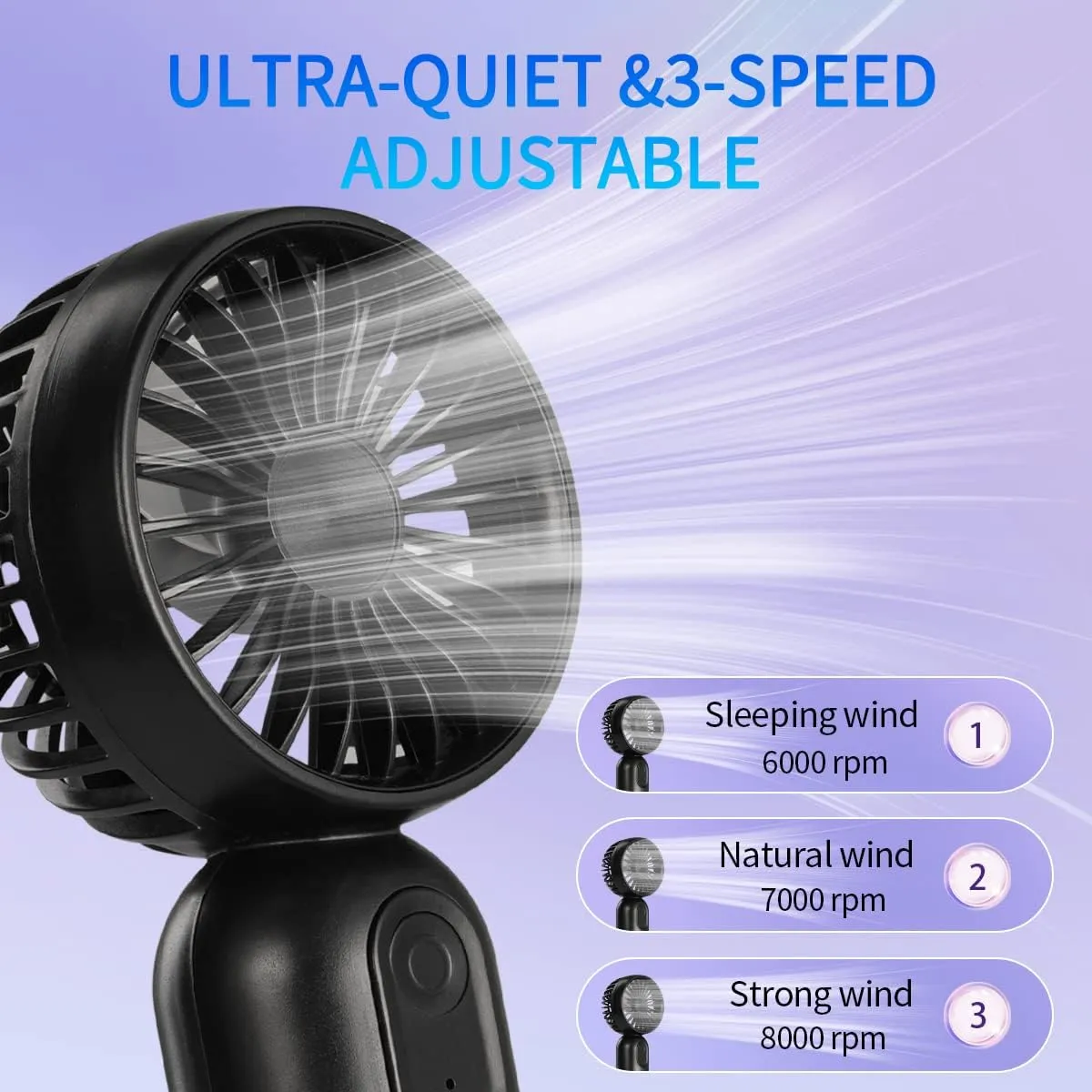 Portable Mini 3-pack Handheld Personal Small Fan with 3-speed for Travel, USB Rechargeable Battery Operated Eyelash Fan, Black