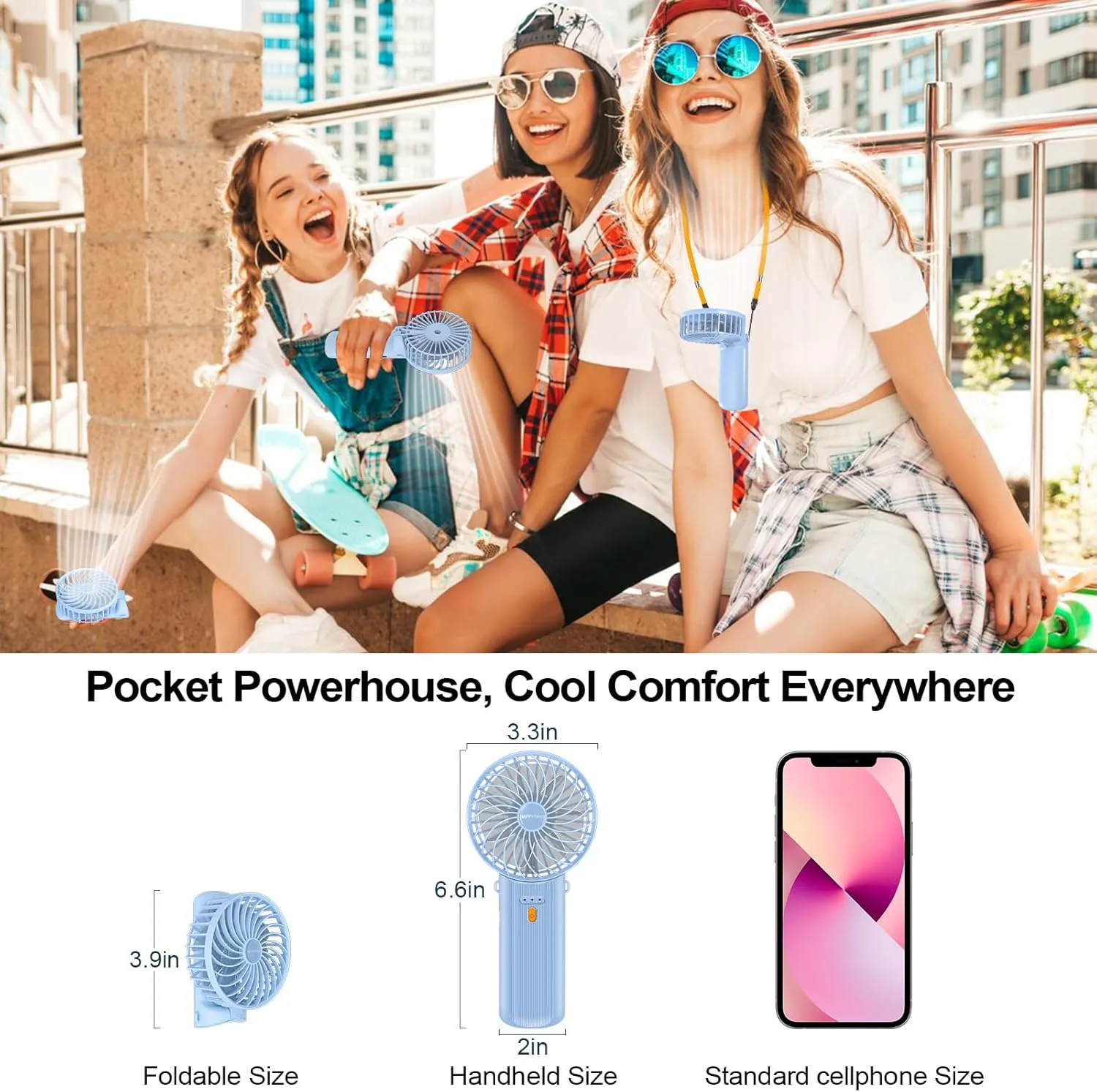 Portable Mini Fan - 3-in-1 Handheld/Desk/Neck Fan, 4 Speeds, 20H Quiet, Rechargeable Cooling Fan for Travel, Home, Office, Outdoor, Makeup - Ideal Gift for Women/Men, Blue