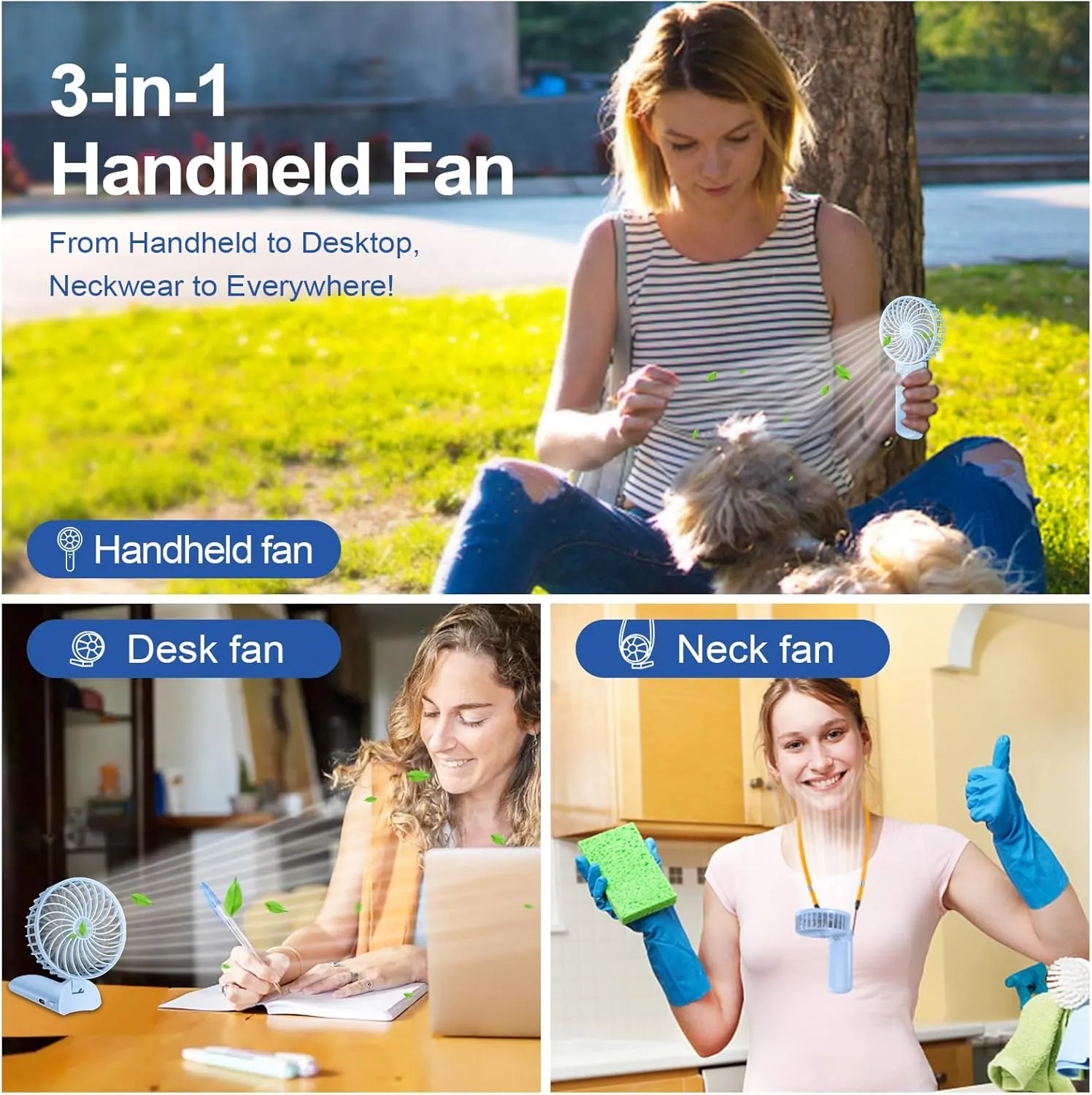 Portable Mini Fan - 3-in-1 Handheld/Desk/Neck Fan, 4 Speeds, 20H Quiet, Rechargeable Cooling Fan for Travel, Home, Office, Outdoor, Makeup - Ideal Gift for Women/Men, Blue